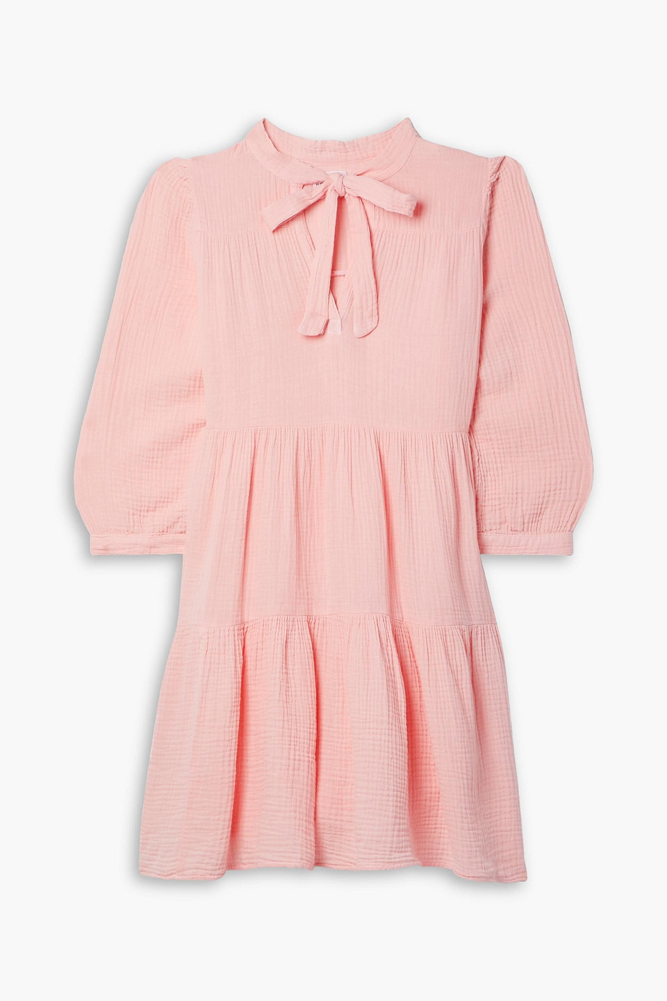 Honorine Giselle Bow-detailed Tiered Cotton-seersucker Mini Dress In Pastel Pink