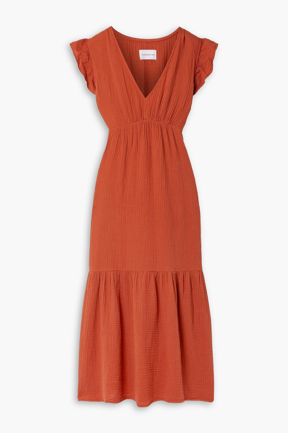 Honorine Ruby Ruffled Cotton-seersucker Midi Dress In Tan