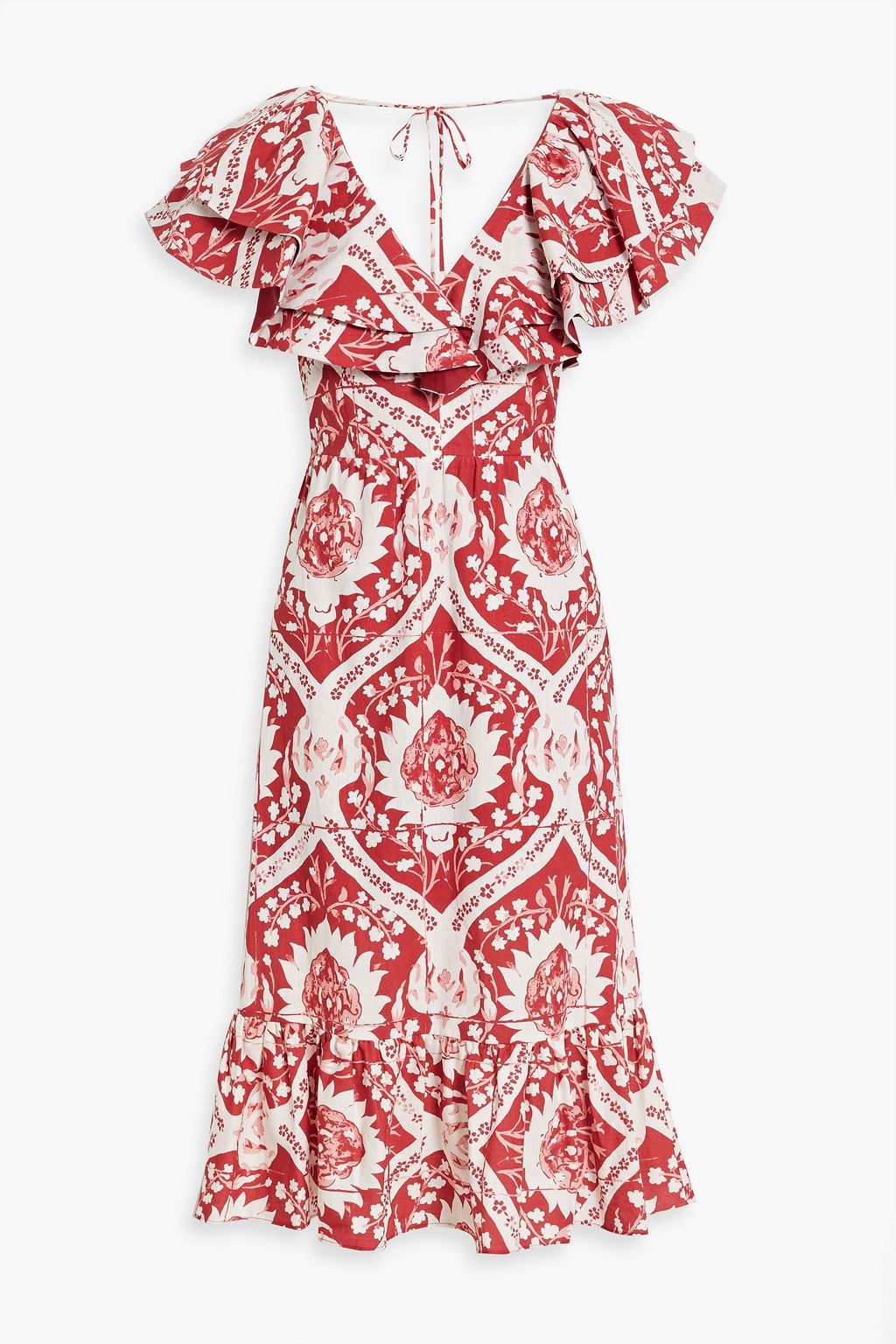 Ruffled printed hemp and cotton-blend midi dress