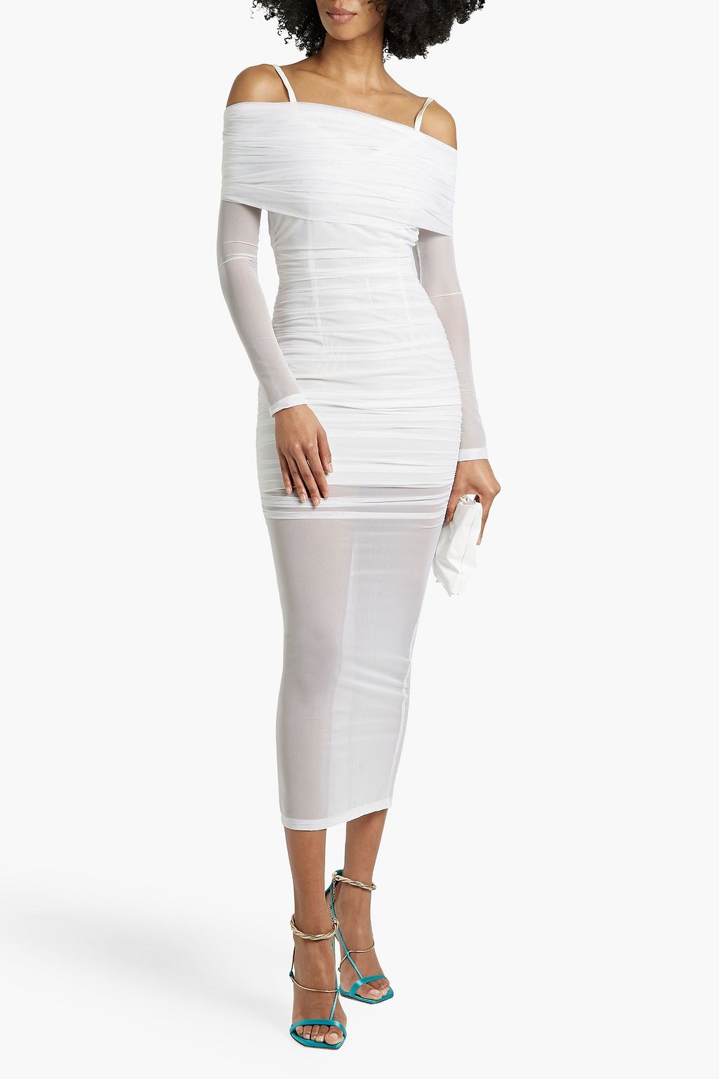 DOLCE&GABBANA Cold-shoulder ruched stretch-mesh midi dress
