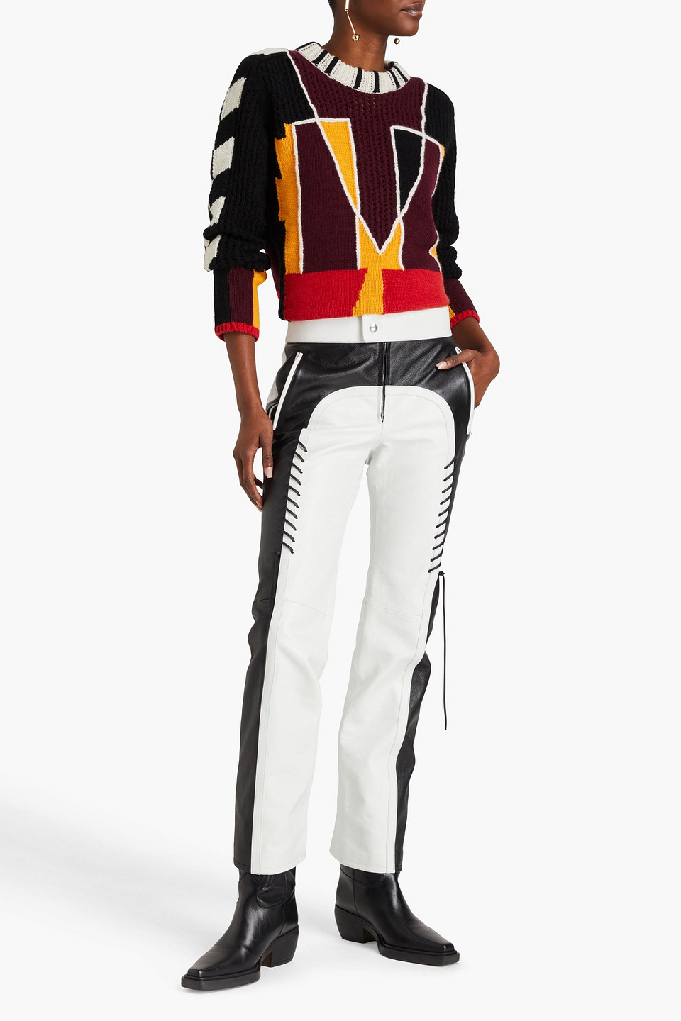 Chloé Whipstitched Two-tone Leather Straight-leg Pants In Weiss
