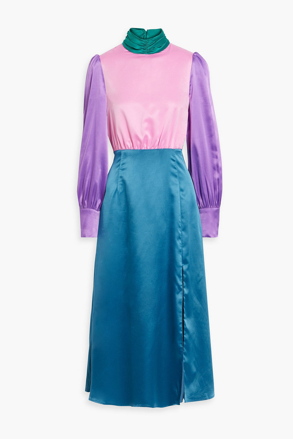 OLIVIA RUBIN GWEN COLOR-BLOCK SATIN TURTLENECK MIDI DRESS,3074457345634374645