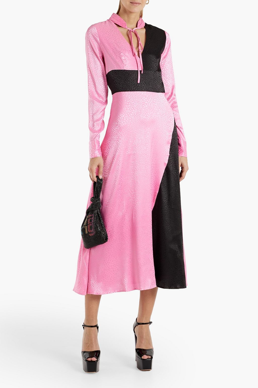 OLIVIA RUBIN Penny zweifarbiges Midikleid aus glänzendem Jacquard