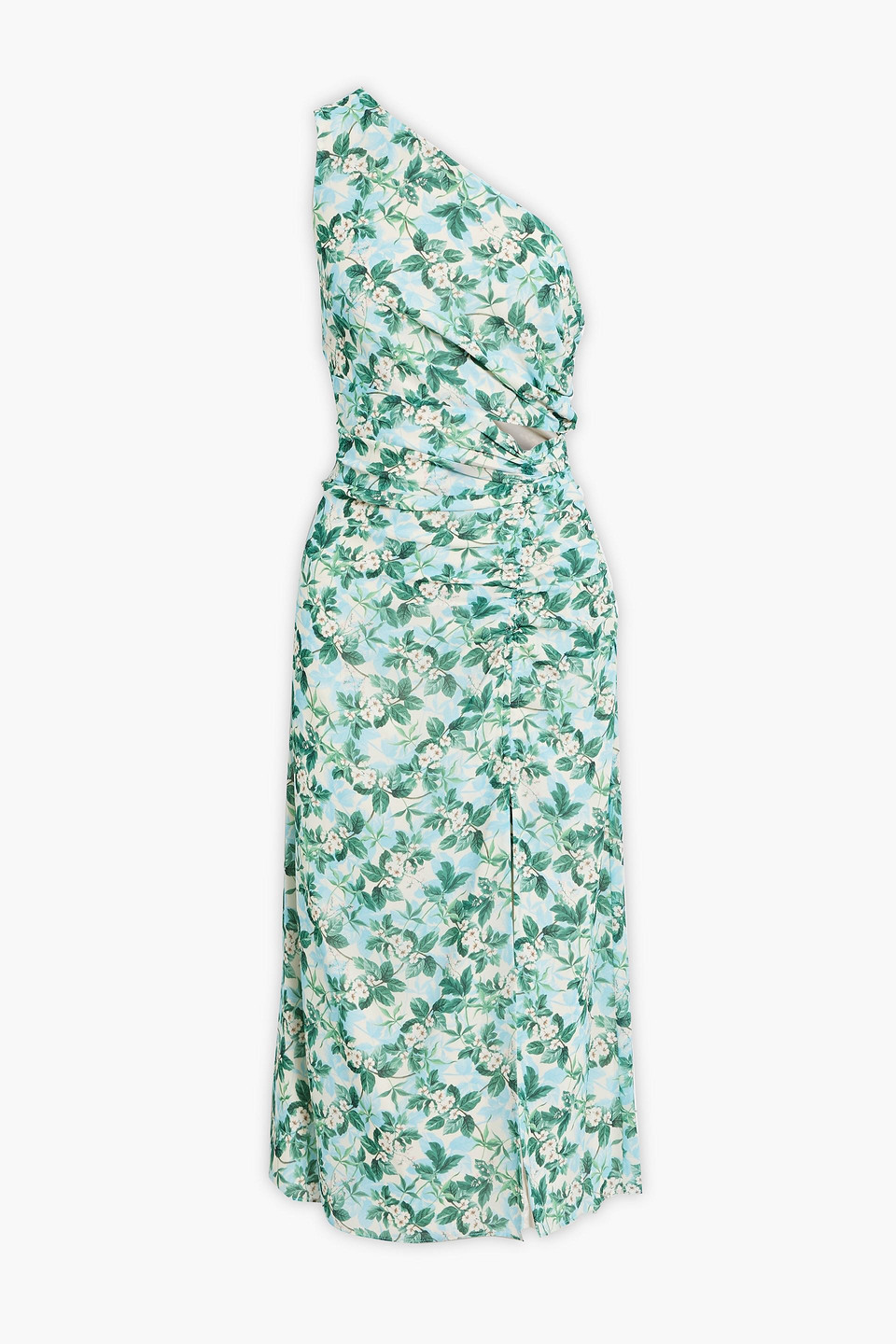 Shop Amur Clarissa One-shoulder Ruched Floral-print Crepe De Chine Dress In Light Green