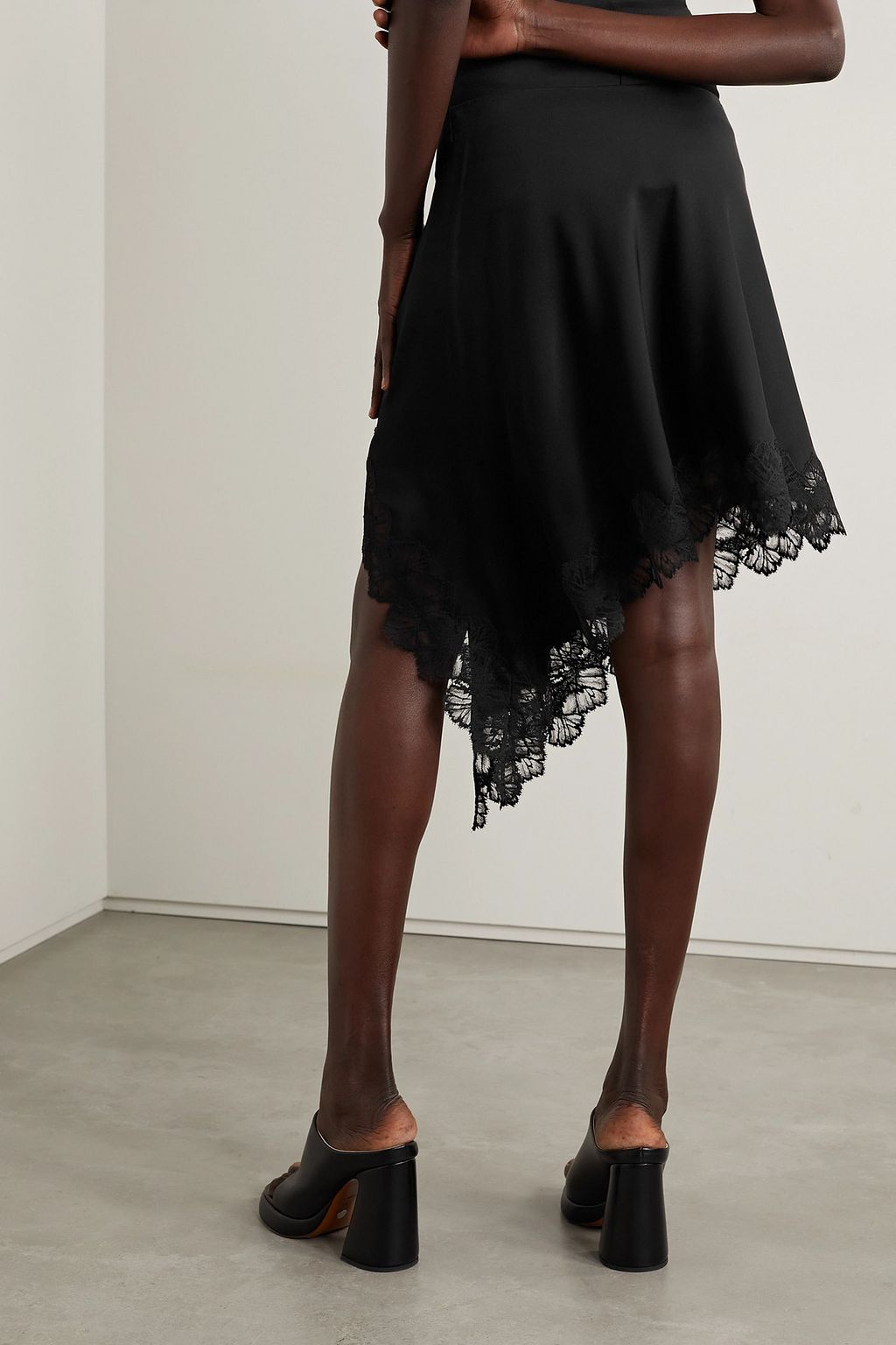 STELLA MCCARTNEY Asymmetric wrap-effect lace-trimmed satin mini skirt