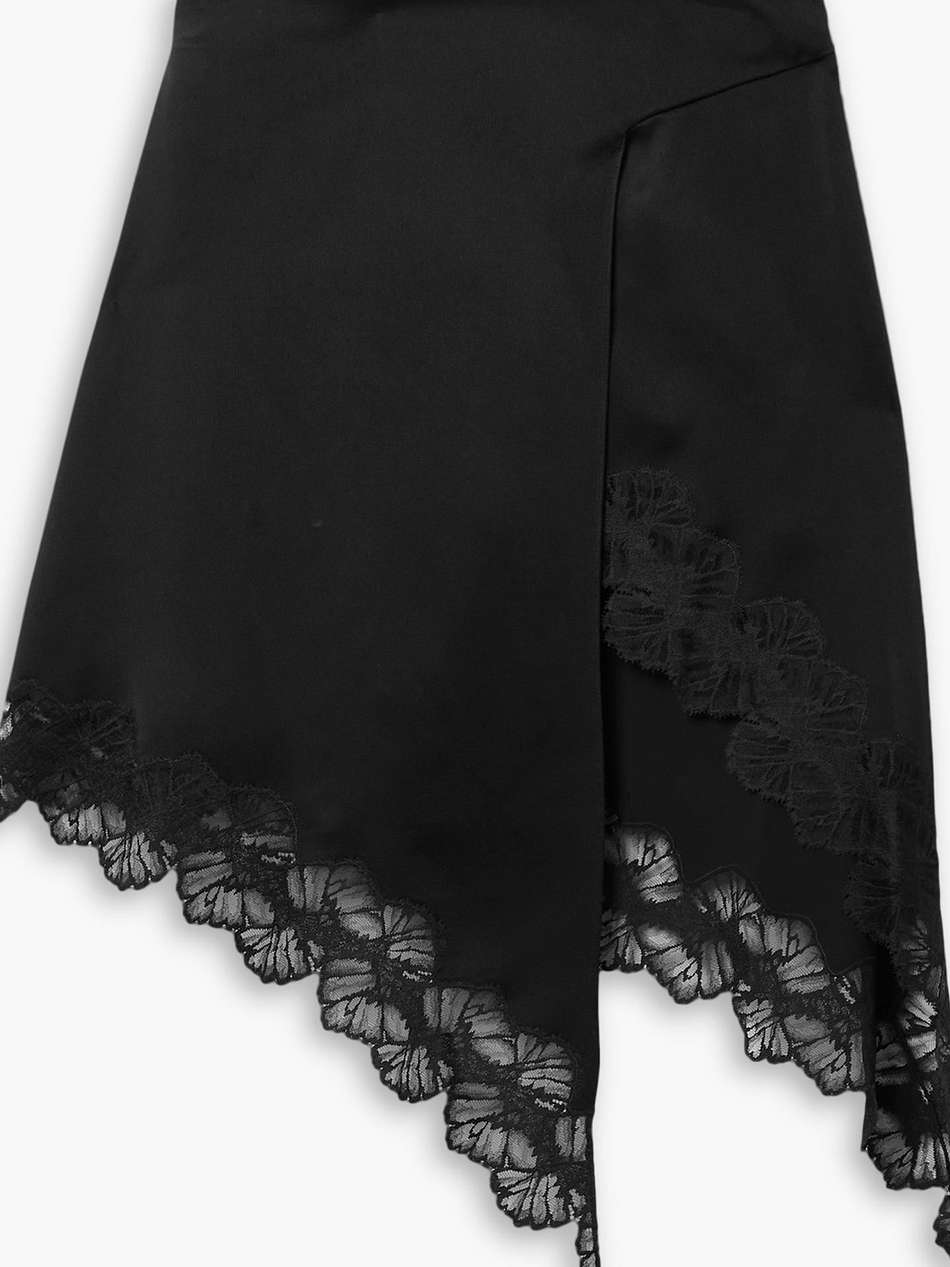 asymmetric wrap-effect lace-trimmed satin mini skirt