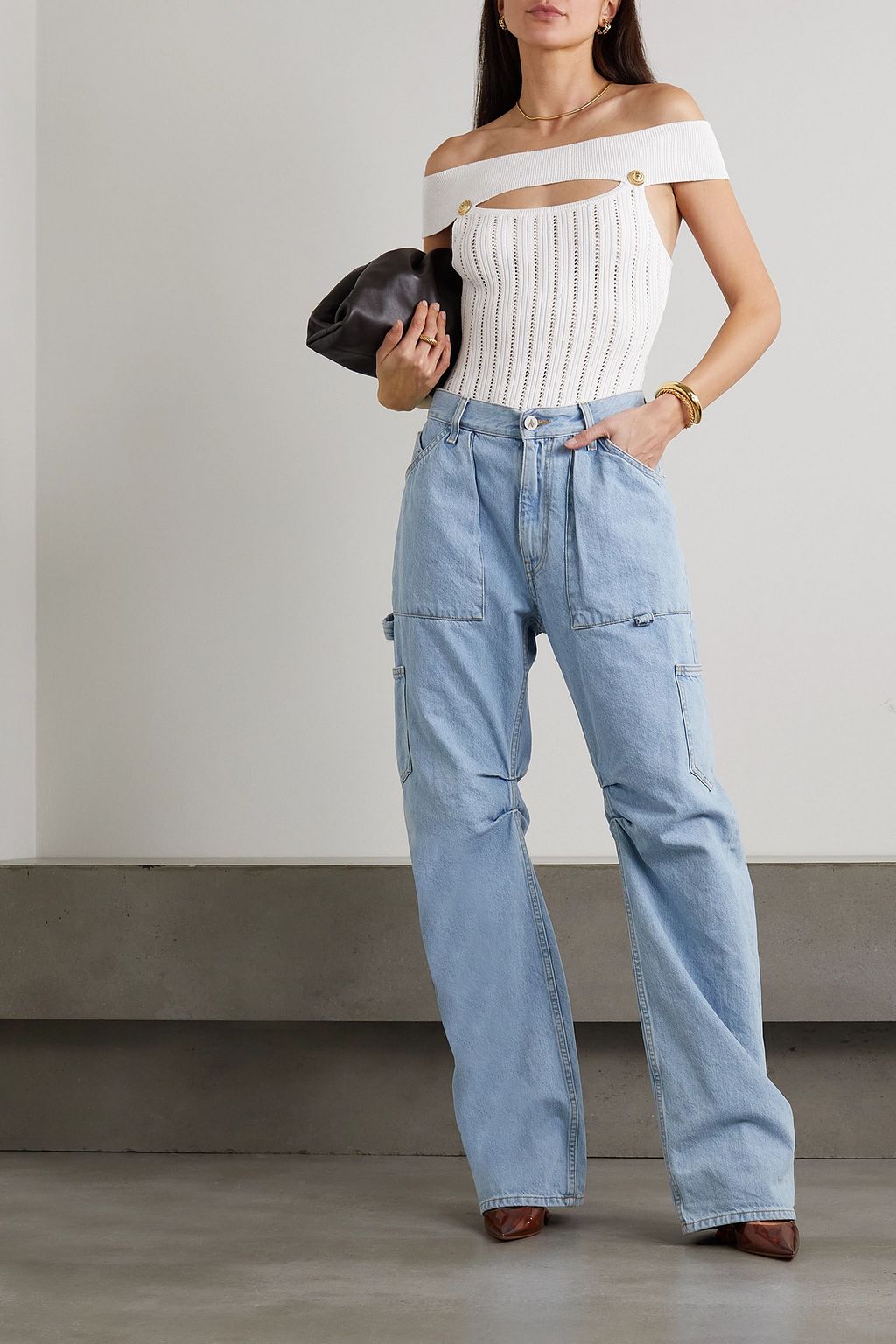 BALMAIN Off-the-shoulder cutout pointelle-knit bodysuit