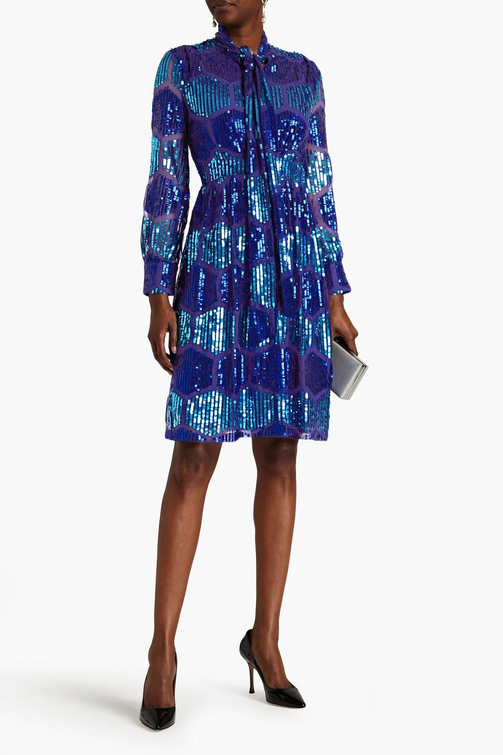 RAISHMA Pussy-bow gathered sequined tulle dress