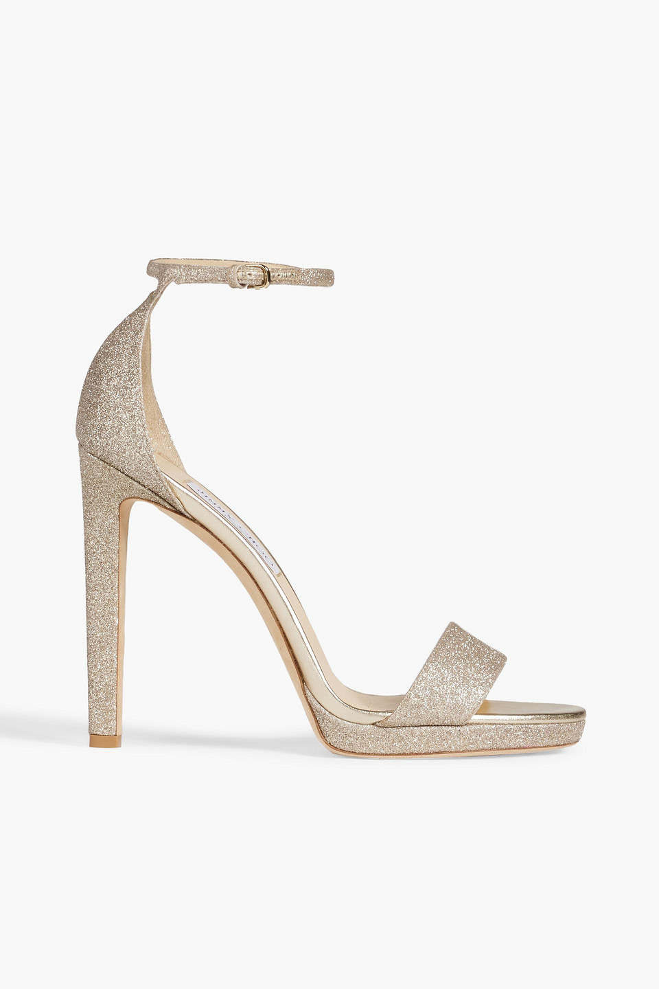 Jimmy Choo Misty 120 Glittered Woven Sandals In Platinum