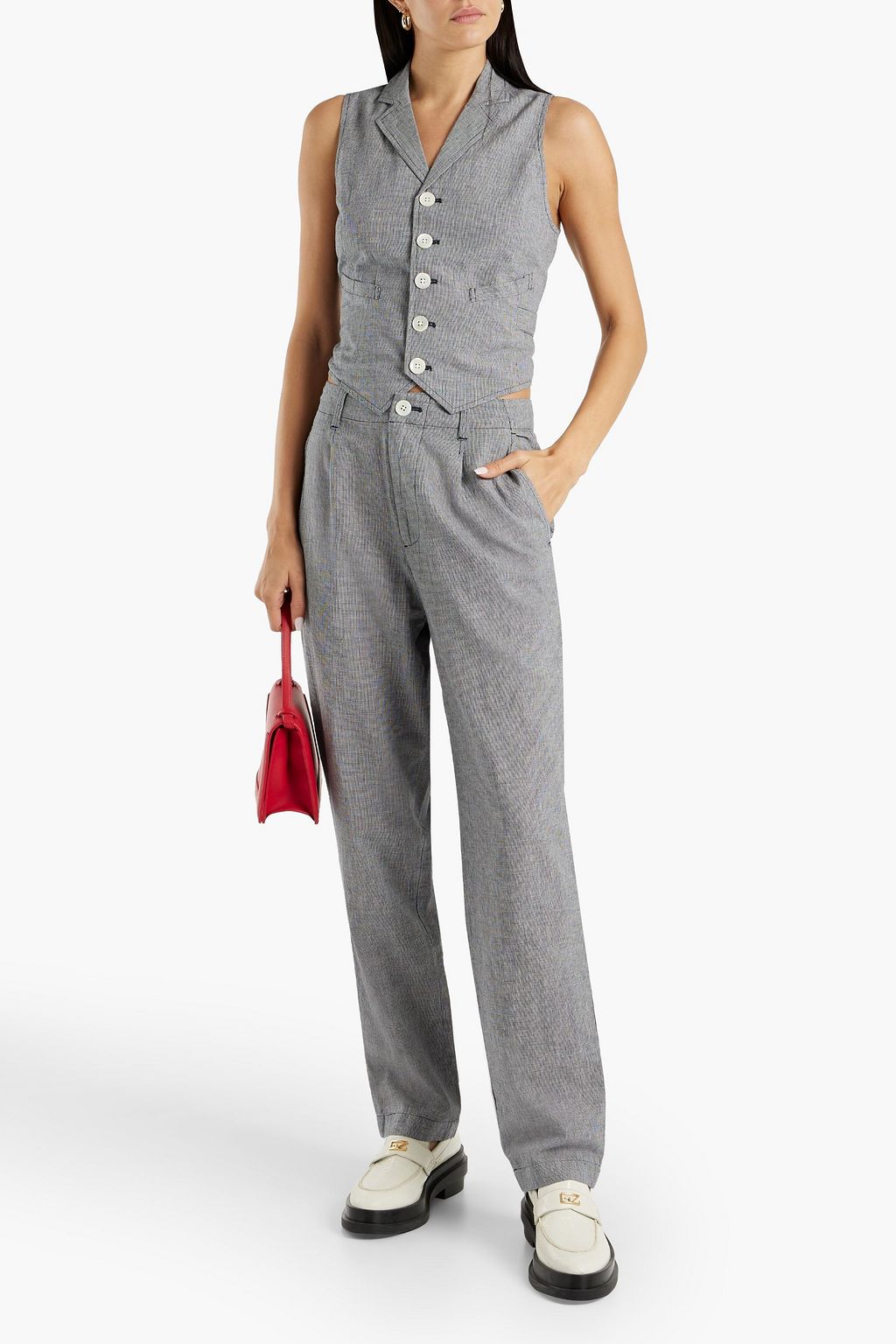 ALEX MILL Boy pleated houndstooth cotton and linen-blend straight-leg pants