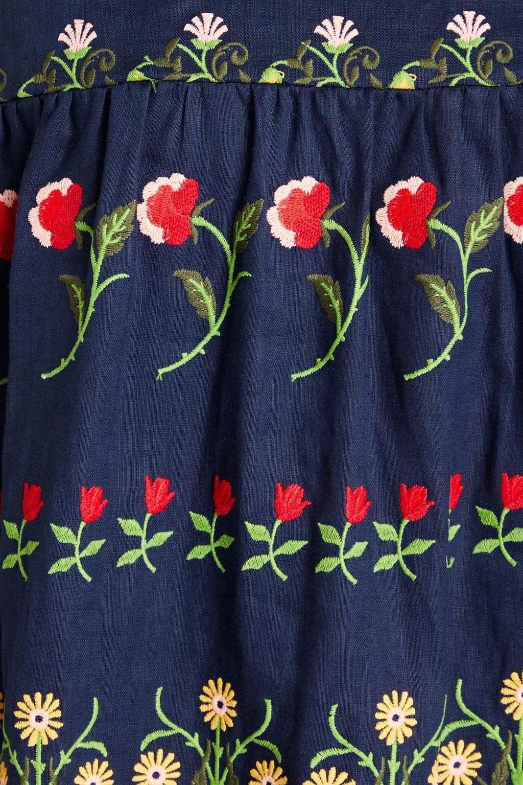 MEADOWS Gathered embroidered linen midi dress