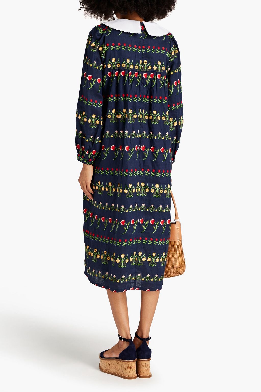 MEADOWS Gathered embroidered linen midi dress