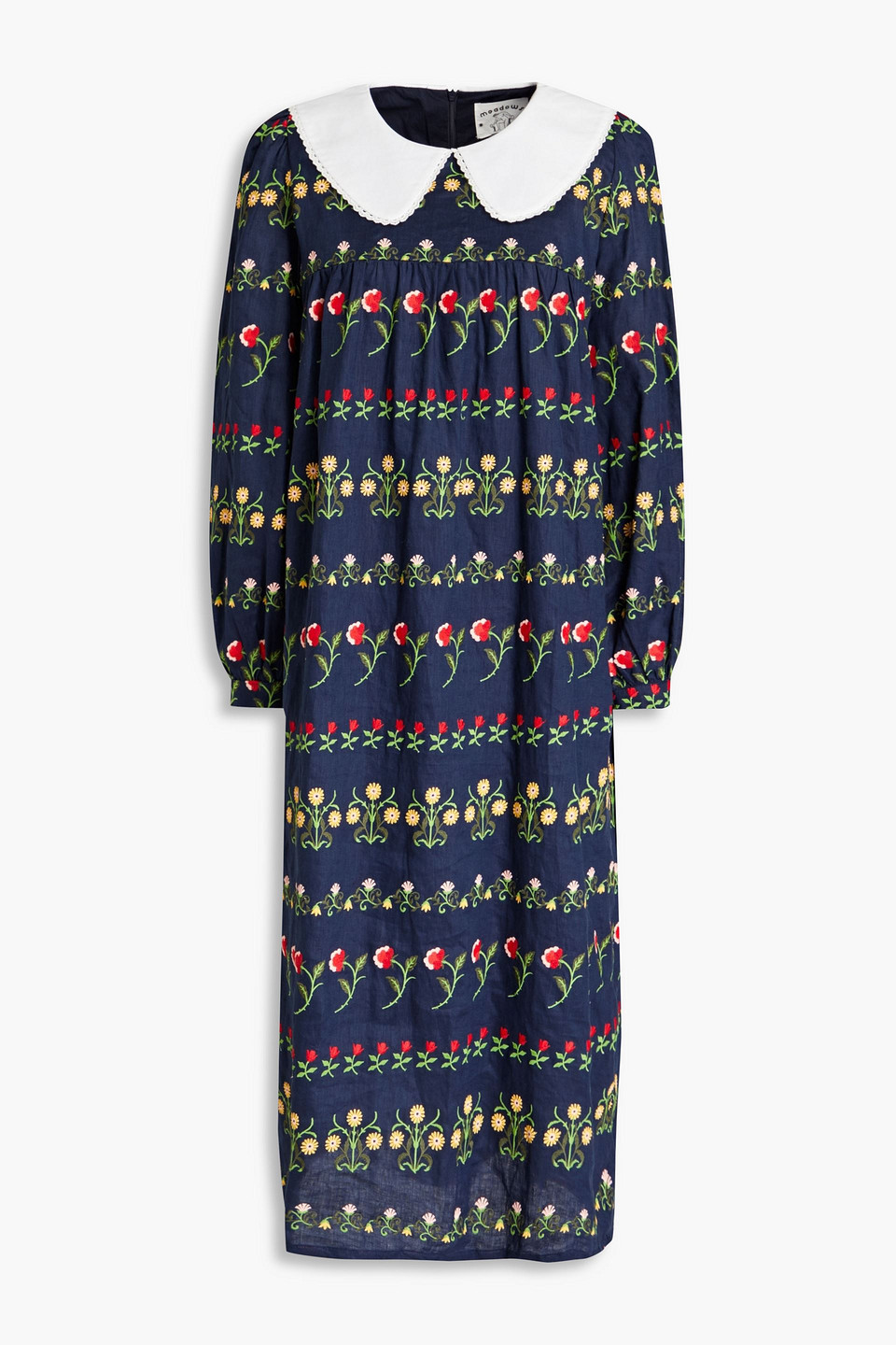 Meadows Gathered Embroidered Linen Midi Dress In Blue | ModeSens