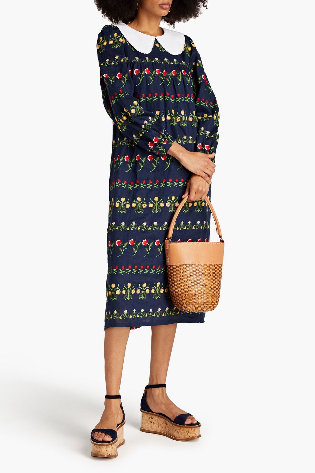 MEADOWS Gathered embroidered linen midi dress