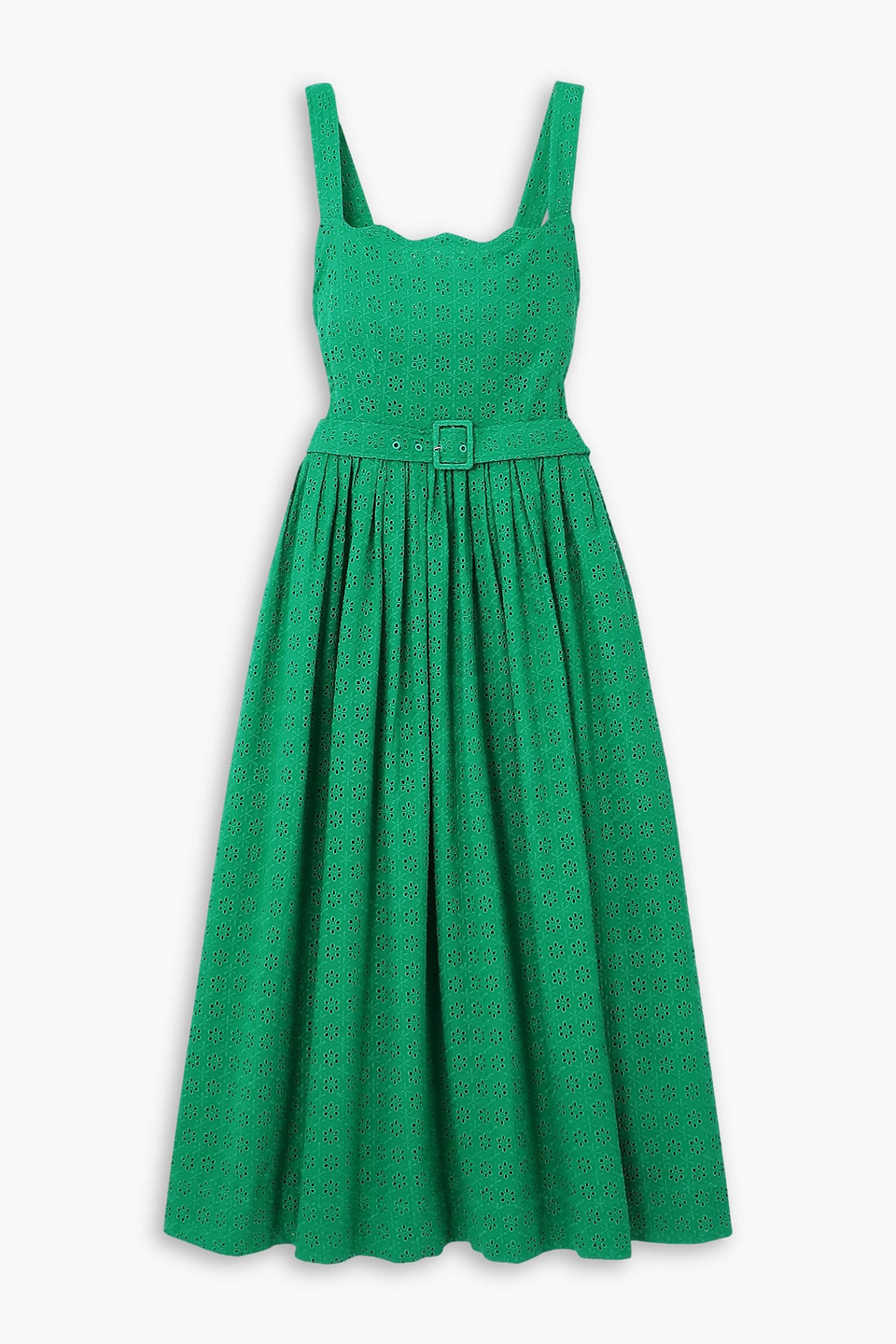 Hvn Allegra Belted Broderie Anglaise Cotton-voile Midi Dress In Jade
