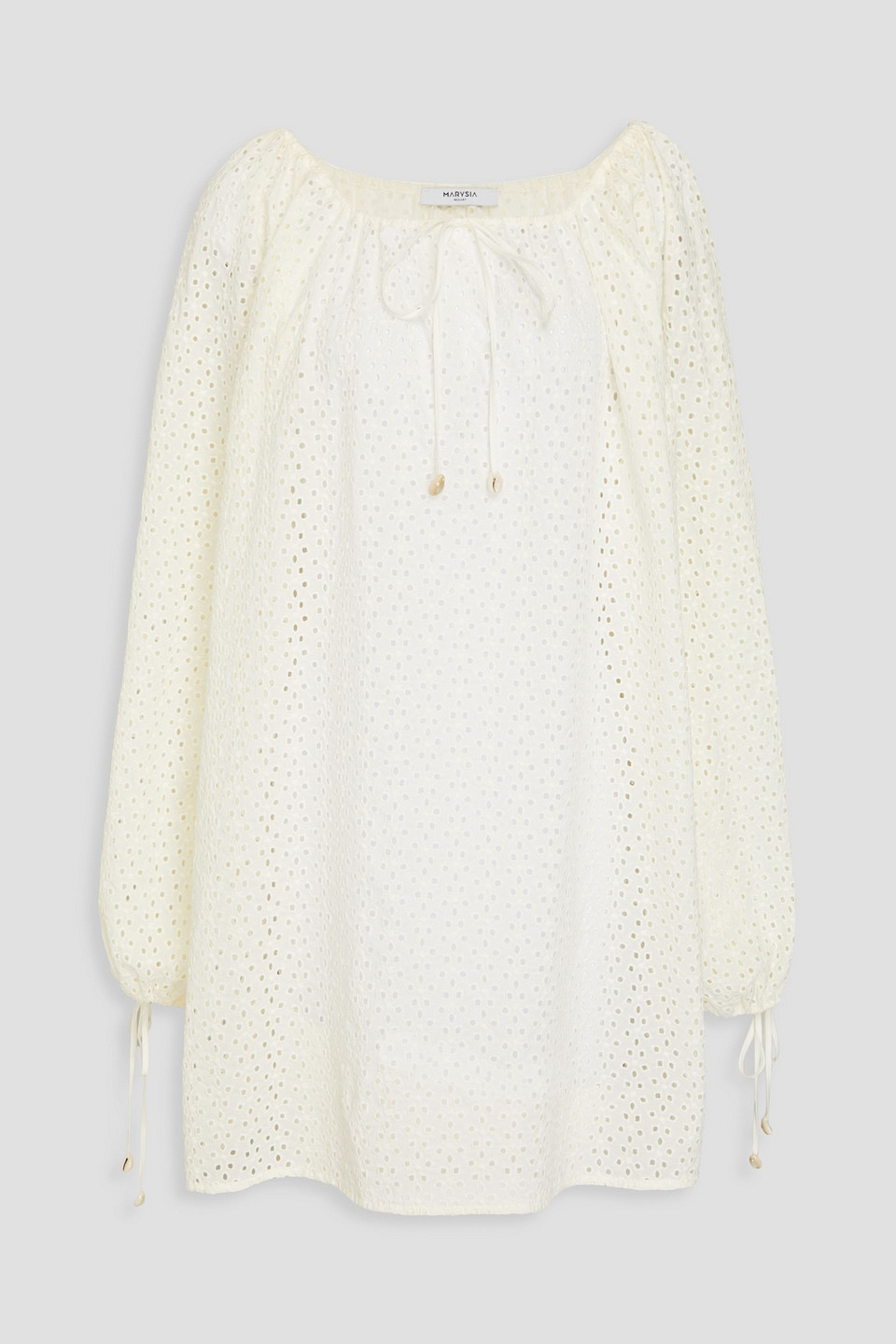 Marysia Moab Tie-detailed Broderie Anglaise Cotton Mini Dress In Cream
