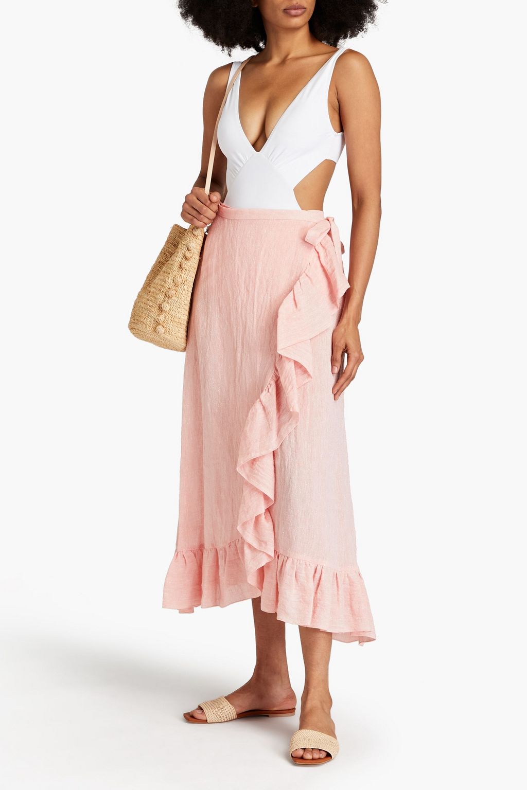 LISA MARIE FERNANDEZ Ruffled metallic linen-blend midi skirt