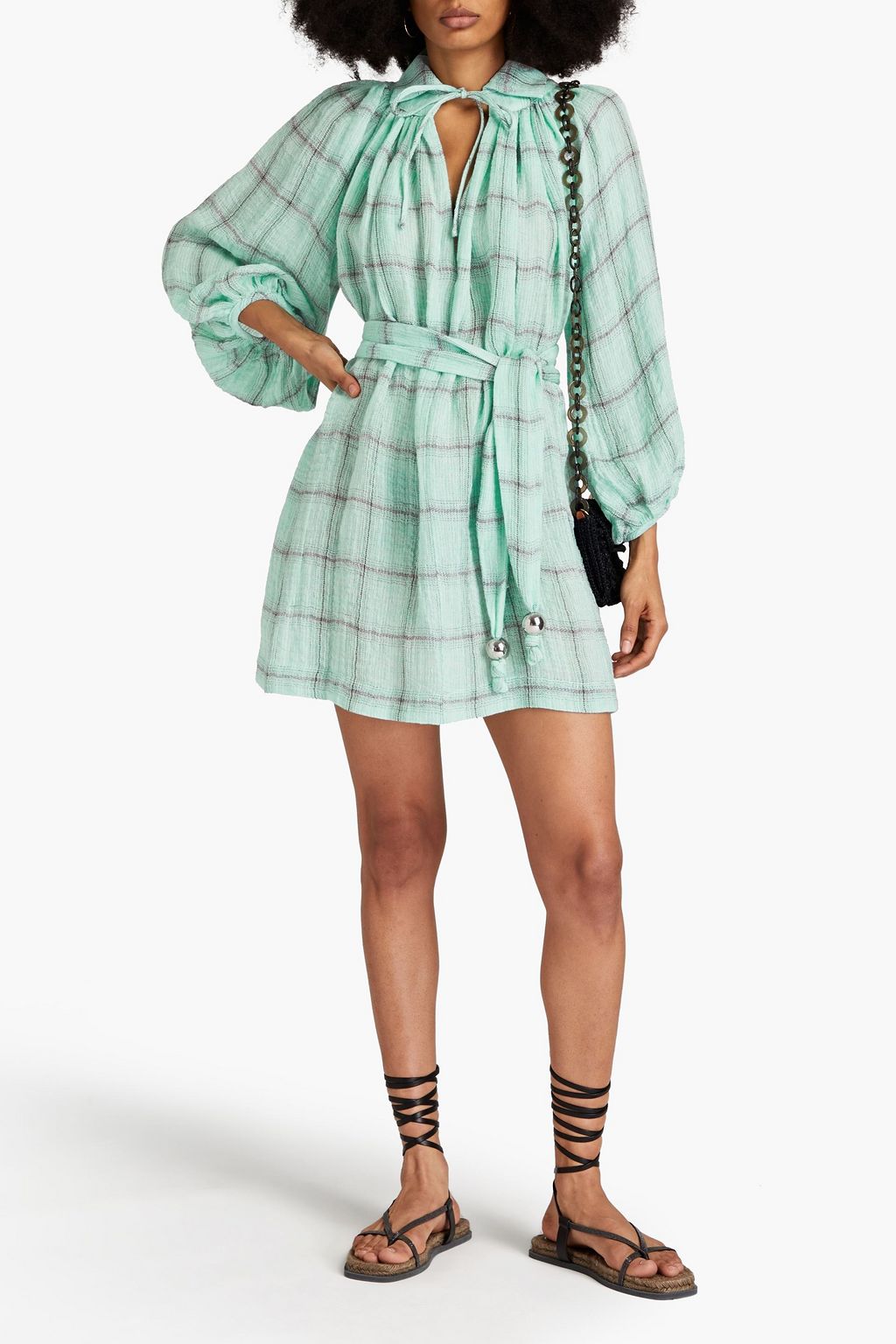 LISA MARIE FERNANDEZ Checked linen-blend gauze mini dress