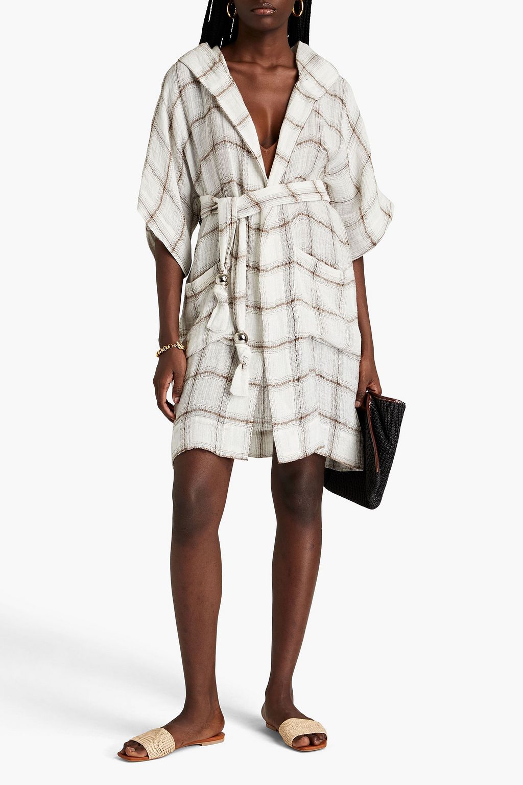 LISA MARIE FERNANDEZ Checked linen-blend gauze hooded robe