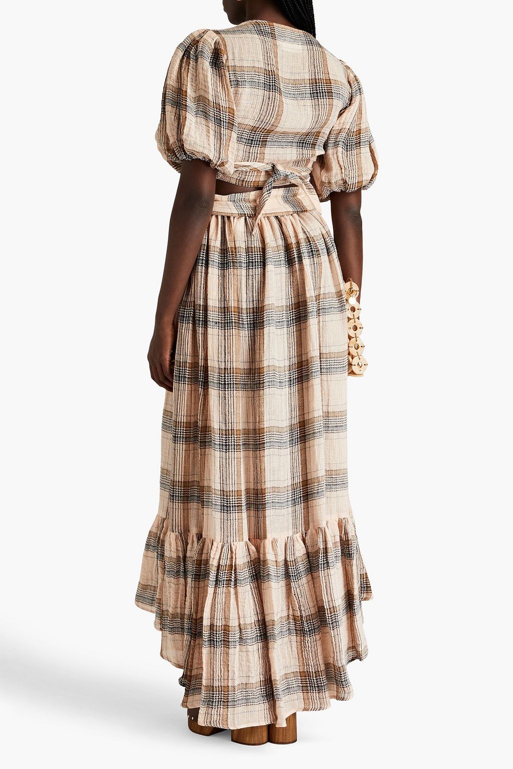 LISA MARIE FERNANDEZ Gathered checked linen-blend gauze midi skirt