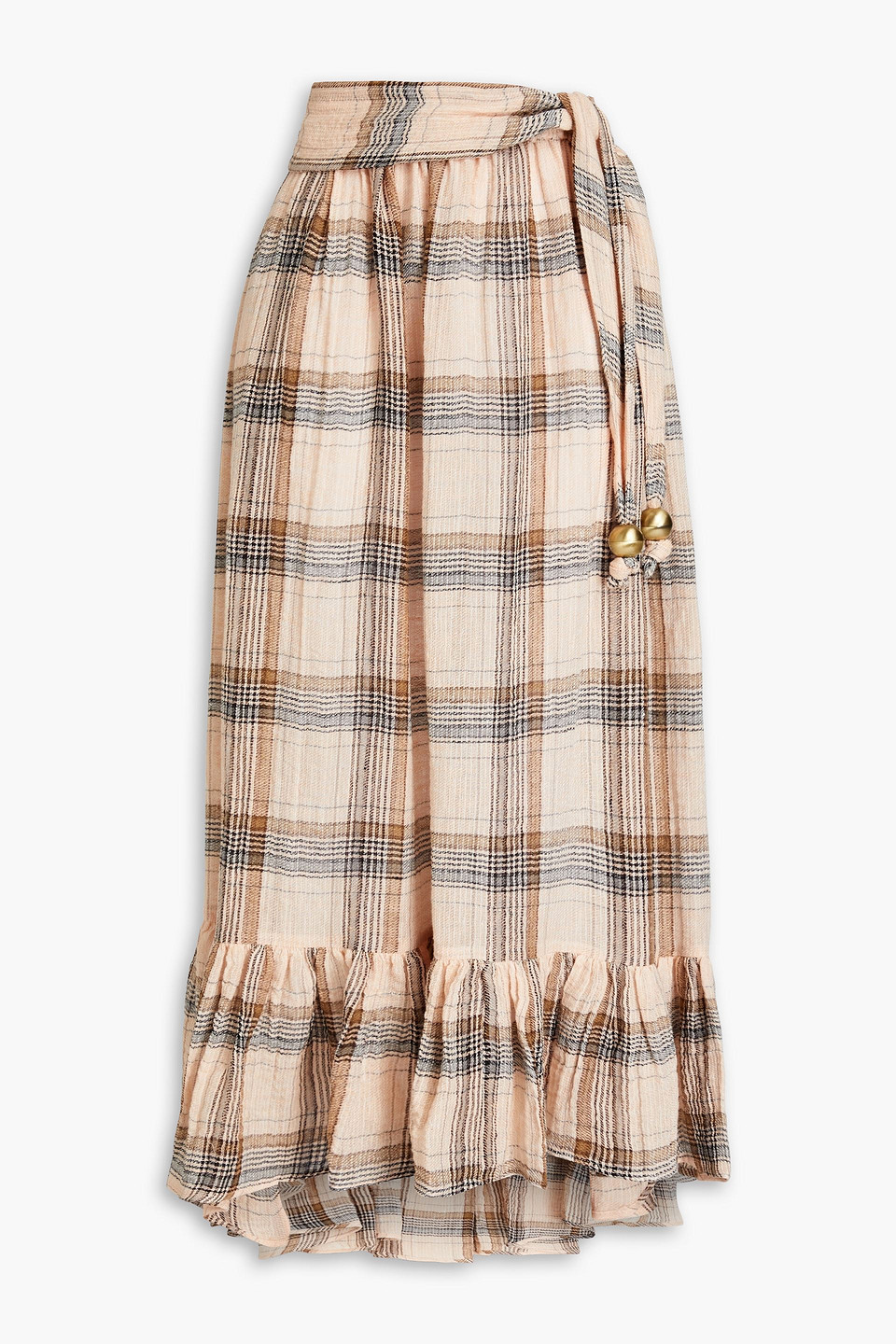 LISA MARIE FERNANDEZ GATHERED CHECKED LINEN-BLEND GAUZE MIDI SKIRT,3074457345634433219