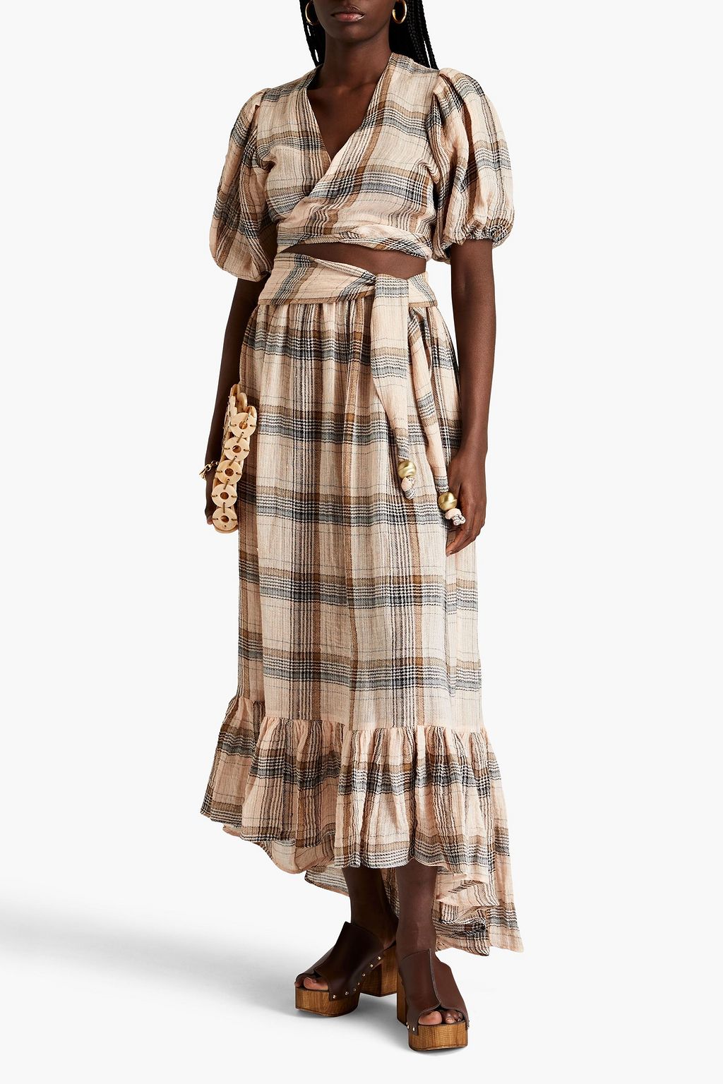 LISA MARIE FERNANDEZ Gathered checked linen-blend gauze midi skirt