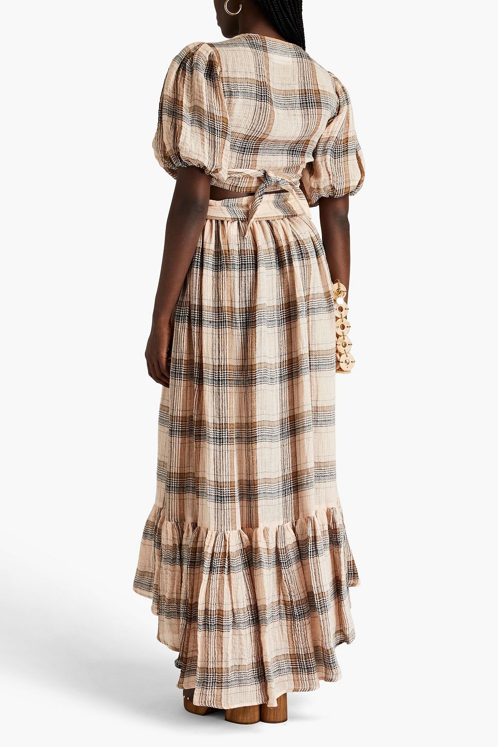 LISA MARIE FERNANDEZ Cropped checked linen-blend gauze wrap top