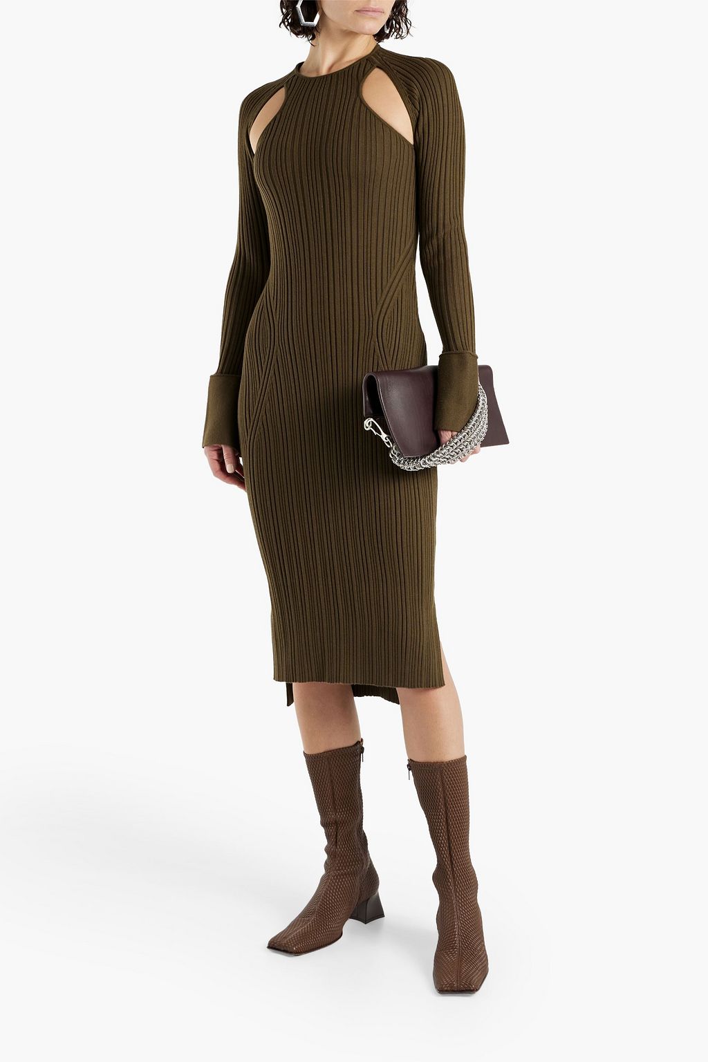 3.1 PHILLIP LIM 컷아웃 디테일 리브 울 혼방 미디 드레스