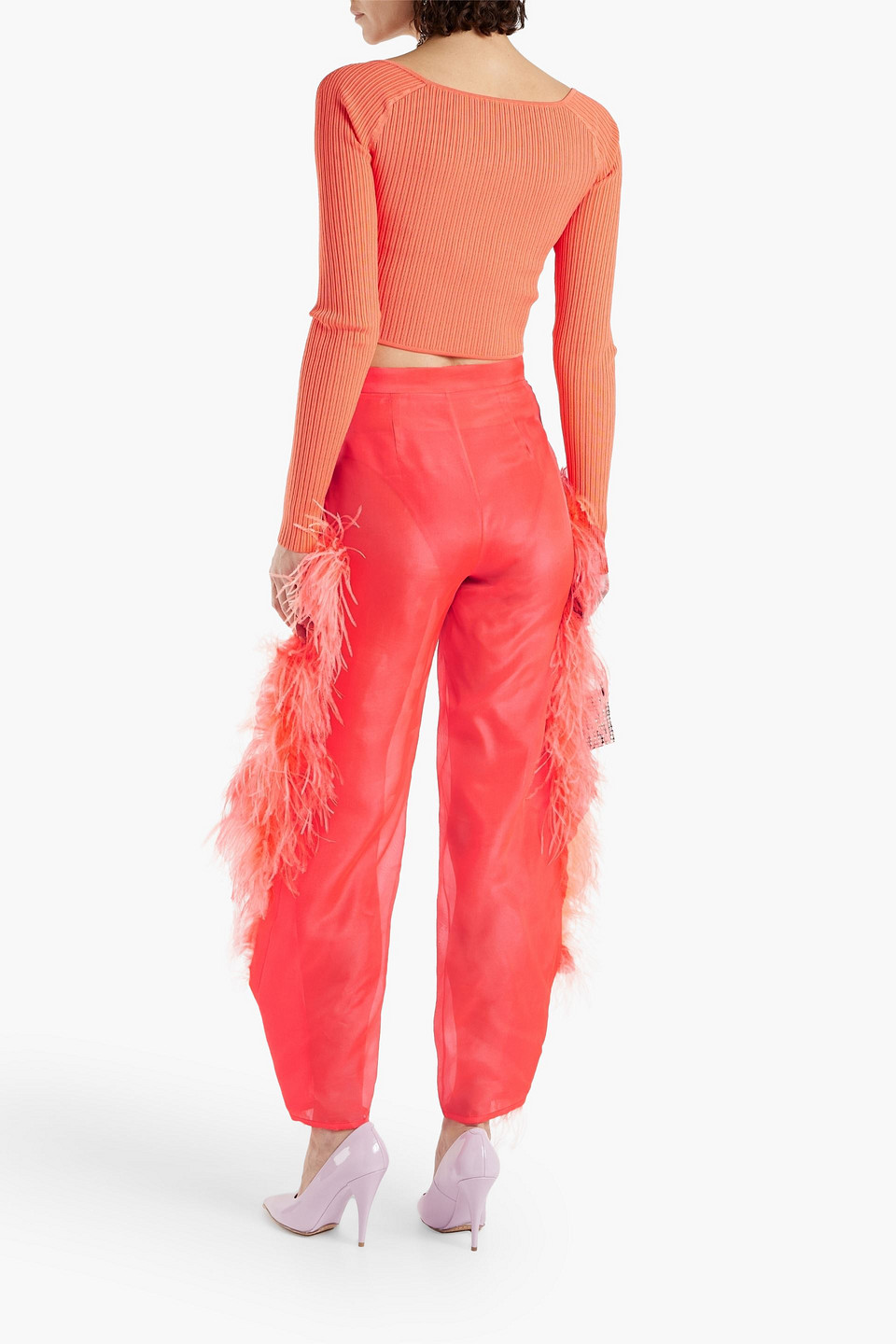  Lapointe - Feather-embellished Silk-organza Tapered Pants - Orange - Us 4 