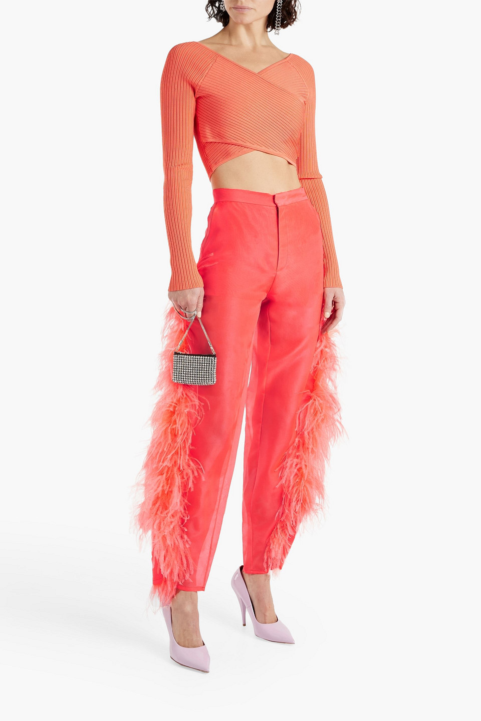  Lapointe - Feather-embellished Silk-organza Tapered Pants - Orange - Us 4 