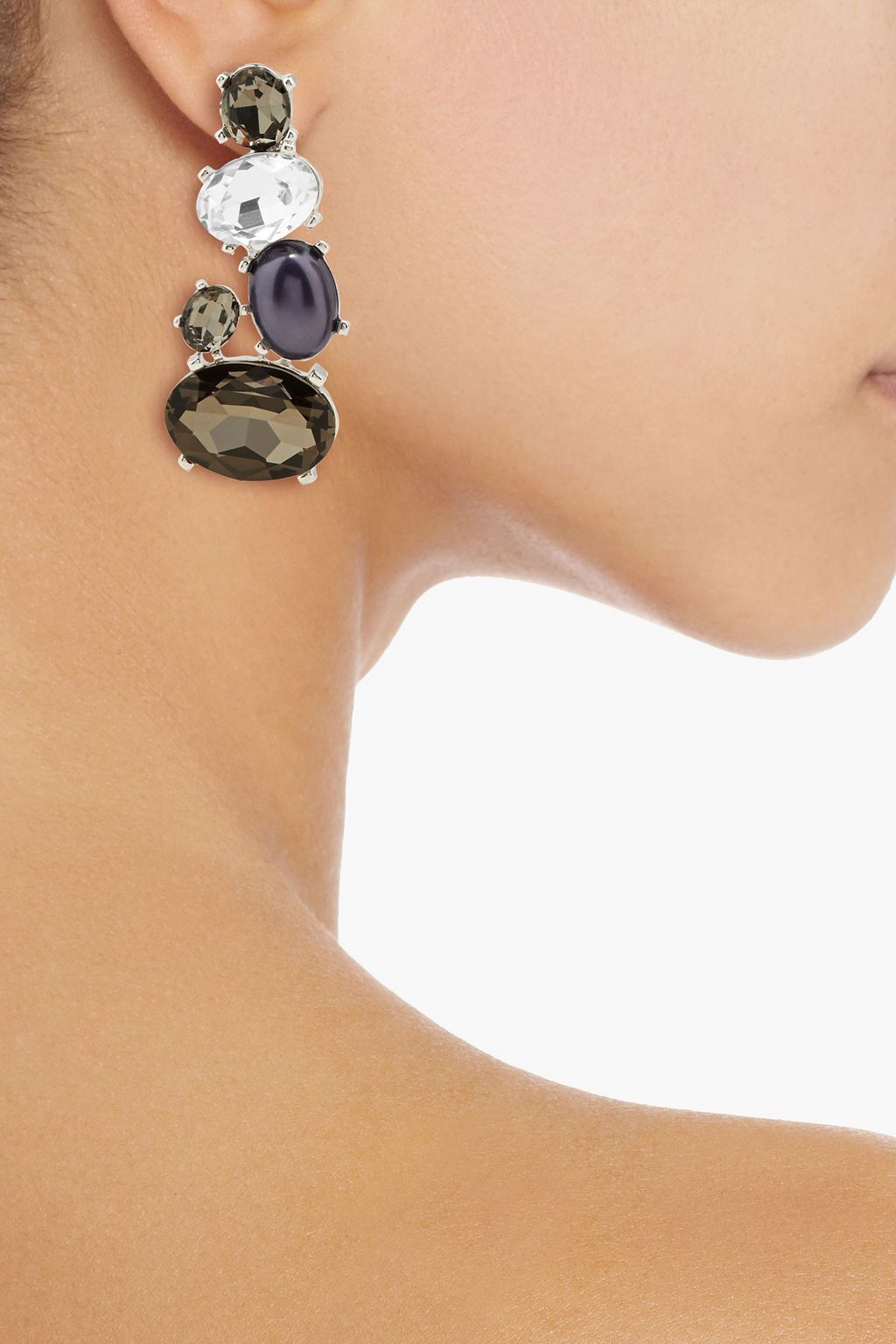 KENNETH JAY LANE Silver-tone, crystal and stone clip earrings