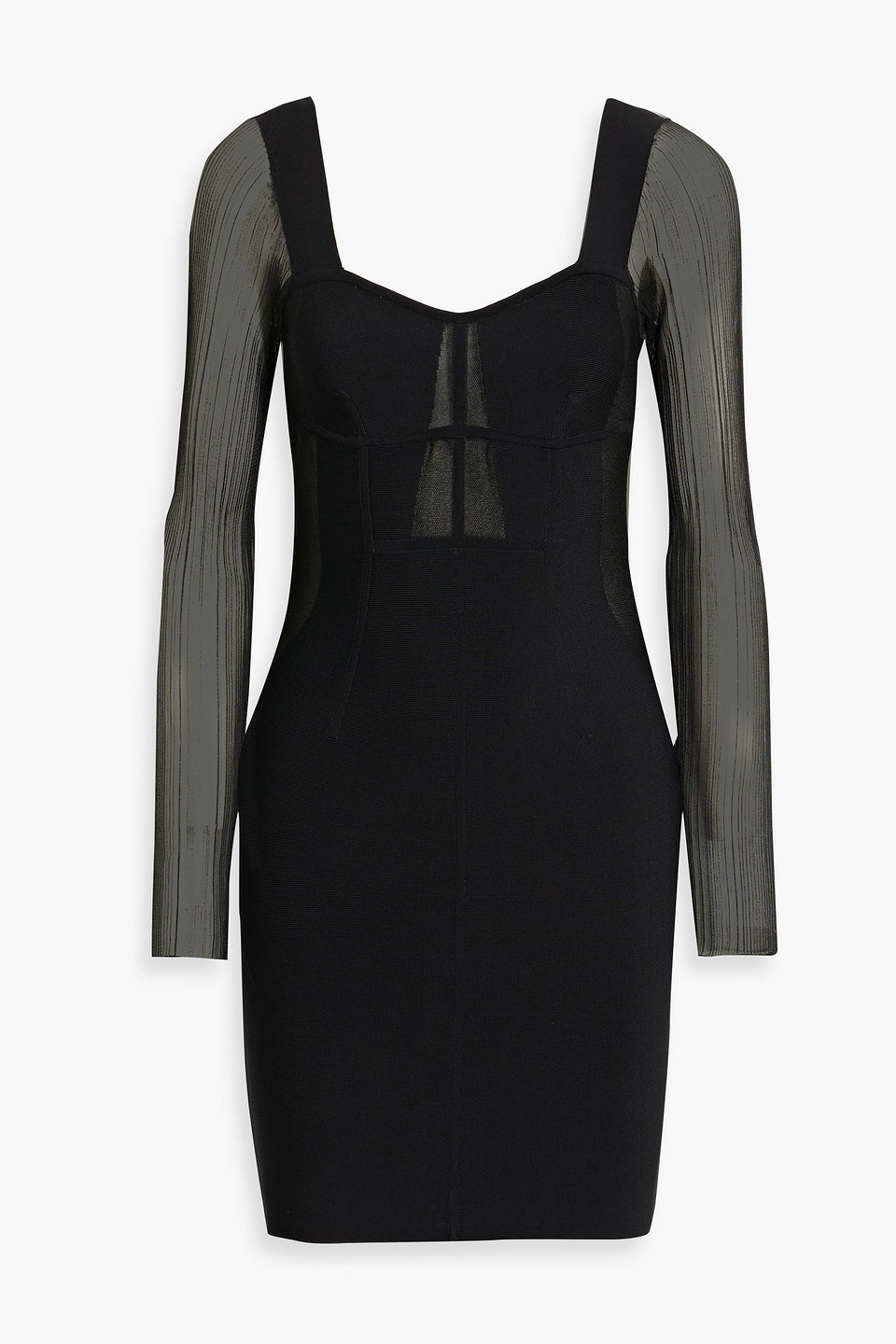 Herve Leger Plissé Tulle-paneled Bandage Mini Dress In Black