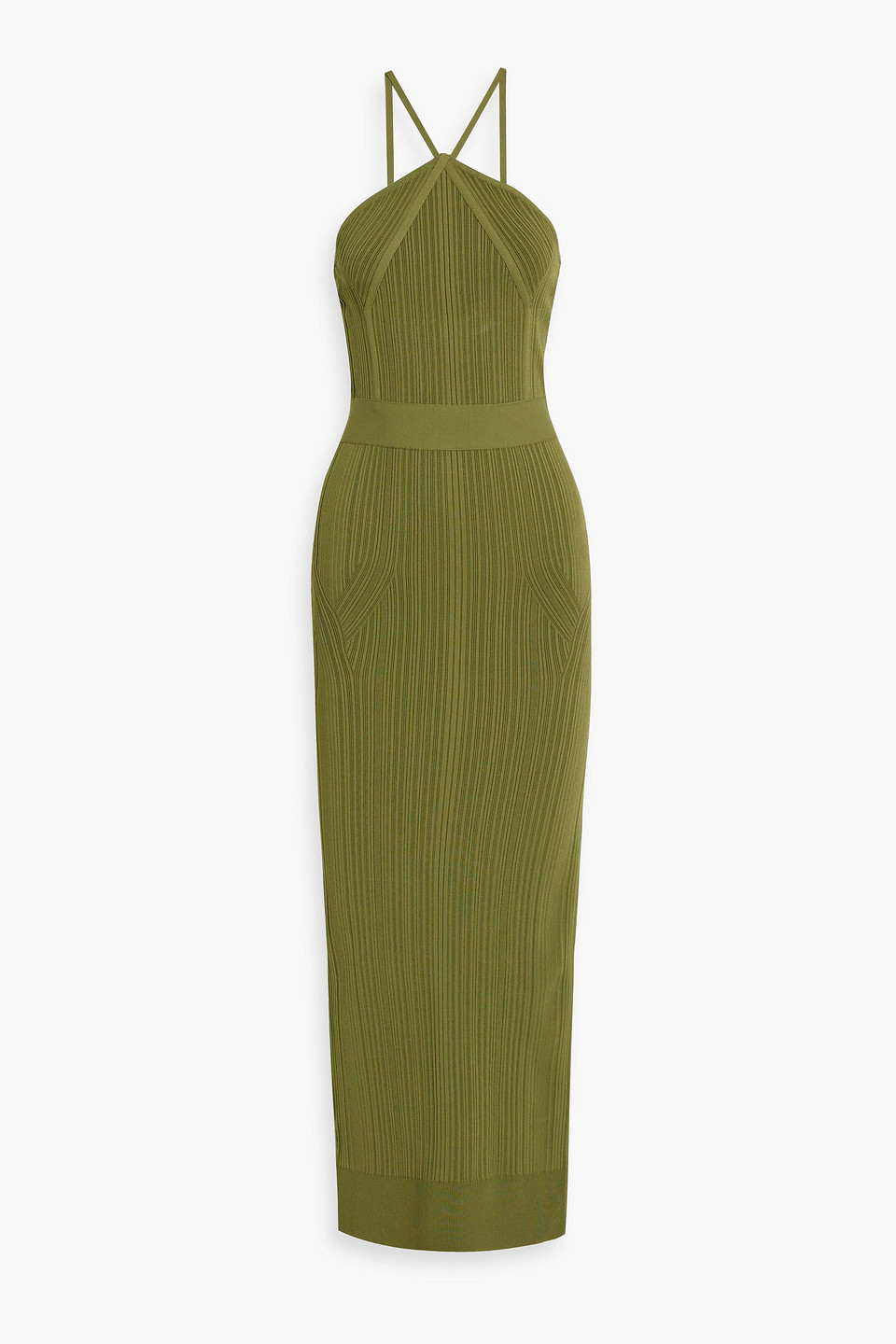 Herve Leger Ribbed Stretch-knit Dress In Olive Green