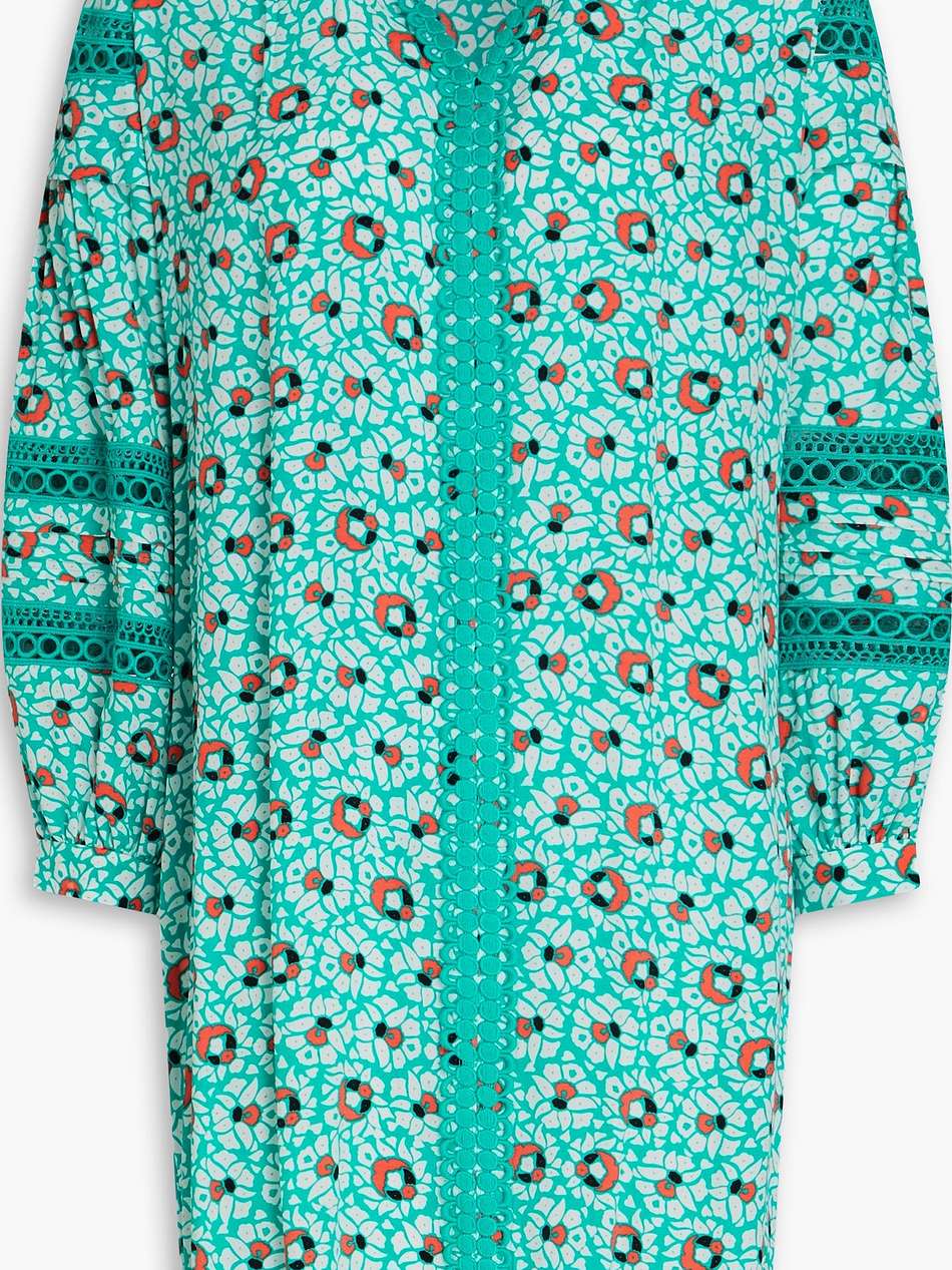 jessica crochet-trimmed printed crepe mini dress