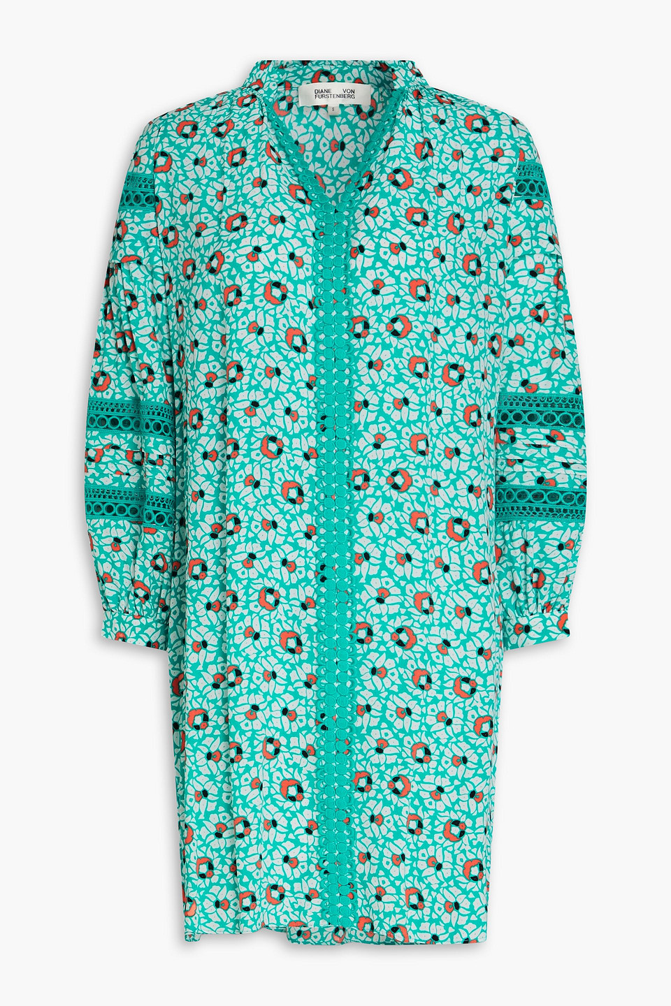 Diane Von Furstenberg Jessica Crochet-trimmed Printed Crepe Mini Dress In Turquoise