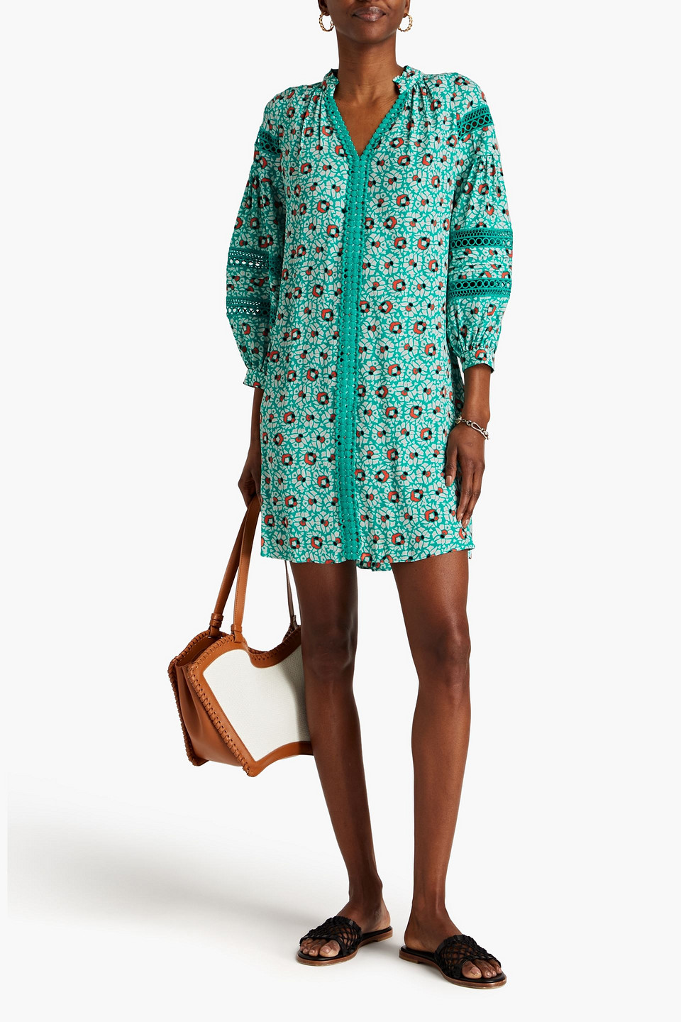 Shop Diane Von Furstenberg Jessica Crochet-trimmed Printed Crepe Mini Dress In Turquoise