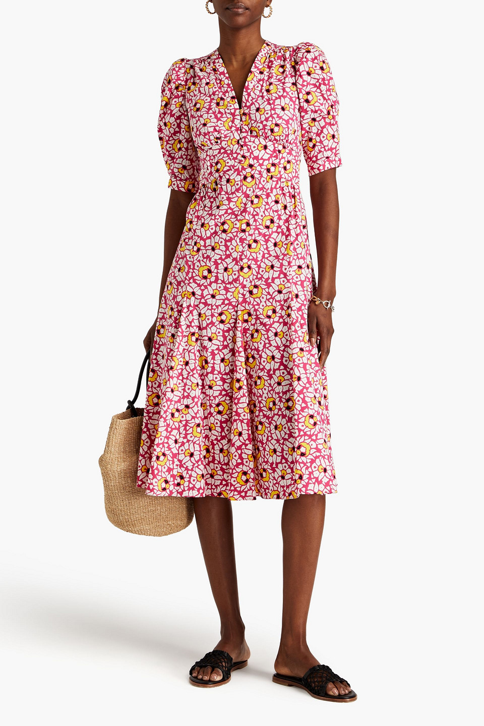 Diane Von Furstenberg Melissa Printed Stretch-cotton Poplin Midi Dress In Fuchsia