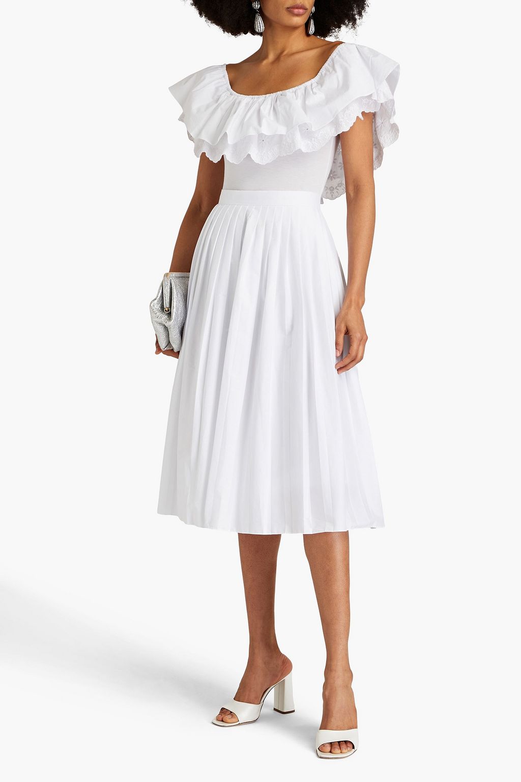 HALSTON Dia pleated cotton-poplin midi skirt