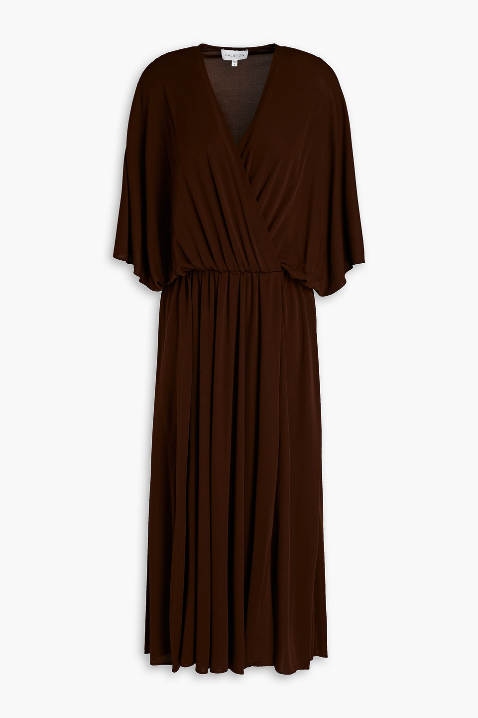 Halston Macy Wrap-effect Gathered Jersey Midi Dress In Brown