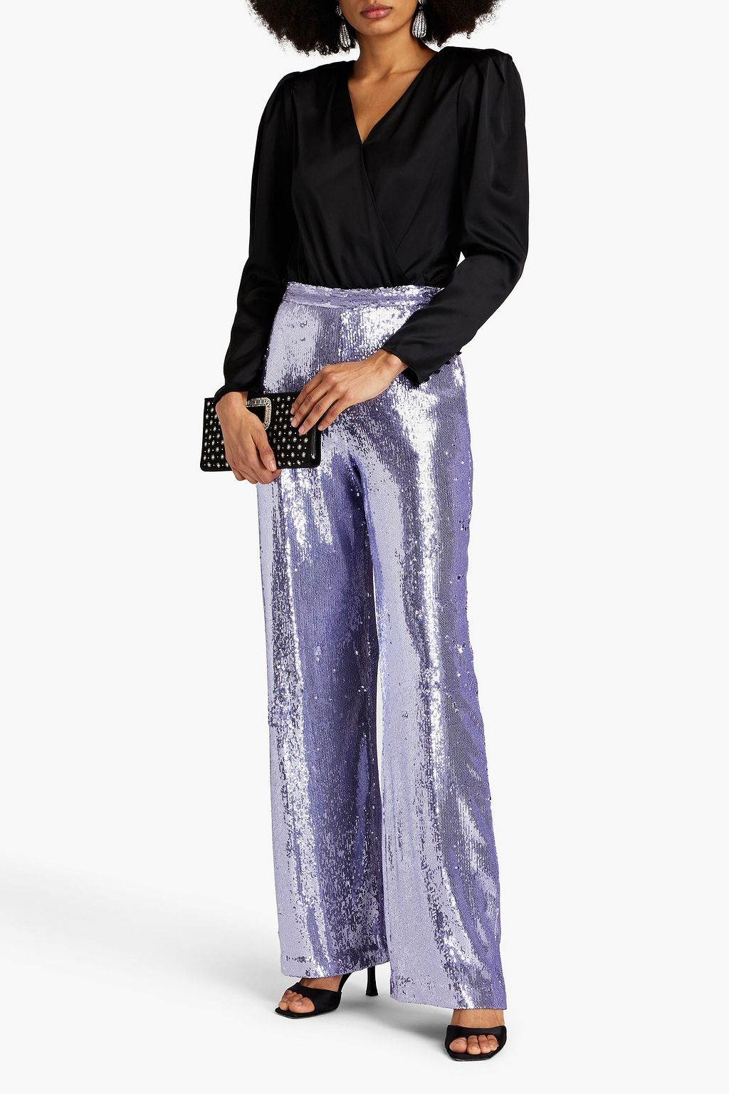HALSTON メッシュ ワイドレッグパンツ スパンコール付き