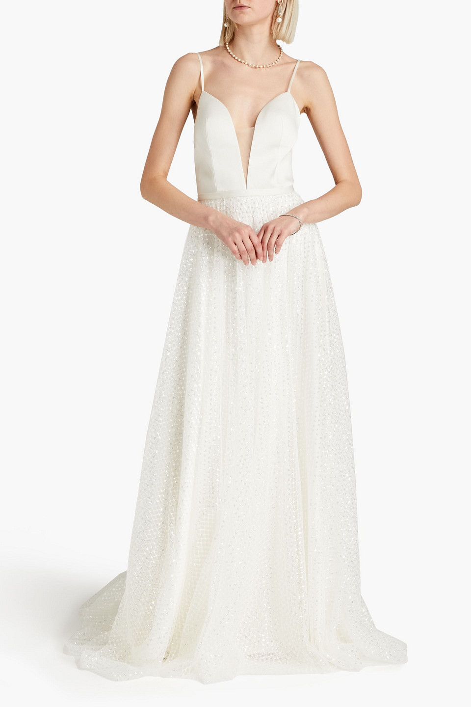 Shop Catherine Deane Skyla Embellished Tulle-paneled Satin Bridal Gown In Ivory