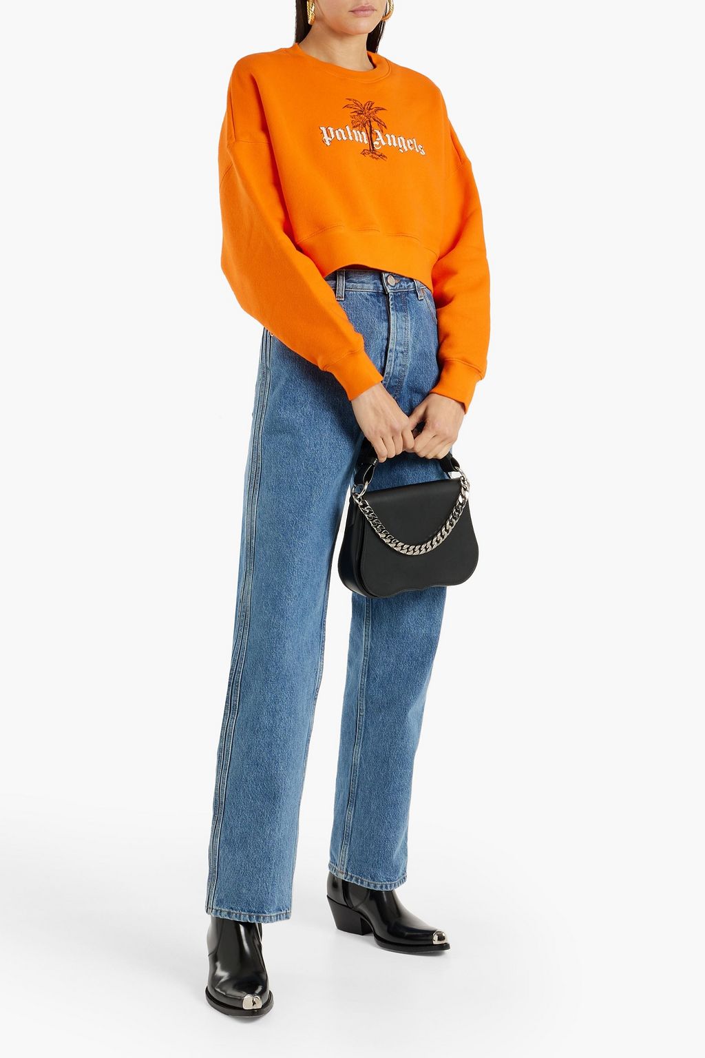 PALM ANGELS Cropped embroidered French cotton-terry sweatshirt