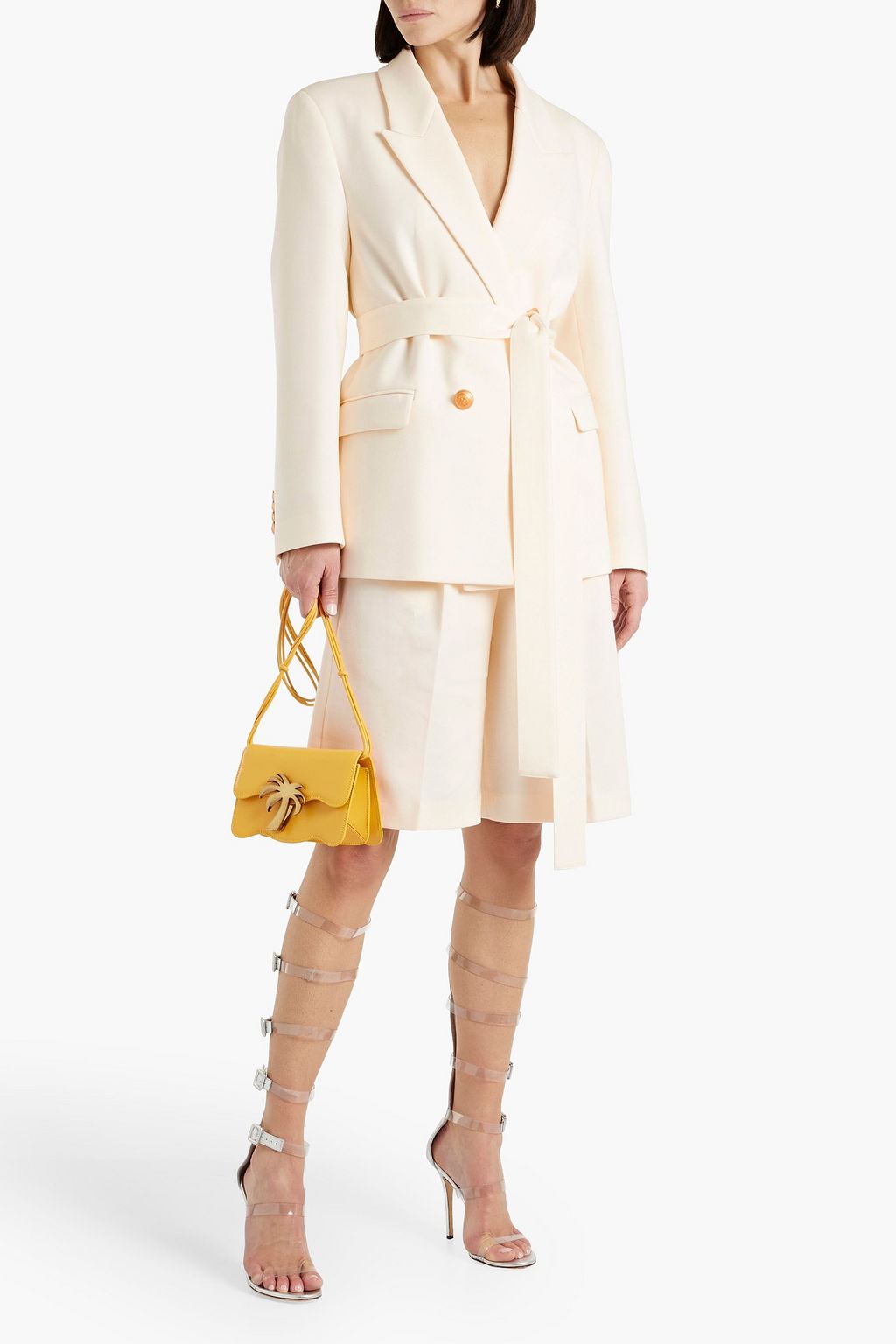 PALM ANGELS Double-breasted belted cotton-blend cady blazer