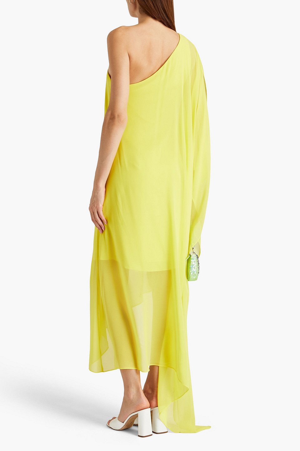 Shop Halston One-shoulder Asymmetric Draped Georgette Midi Dress In Yellow