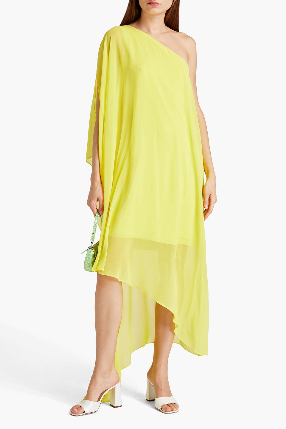 Shop Halston One-shoulder Asymmetric Draped Georgette Midi Dress In Yellow