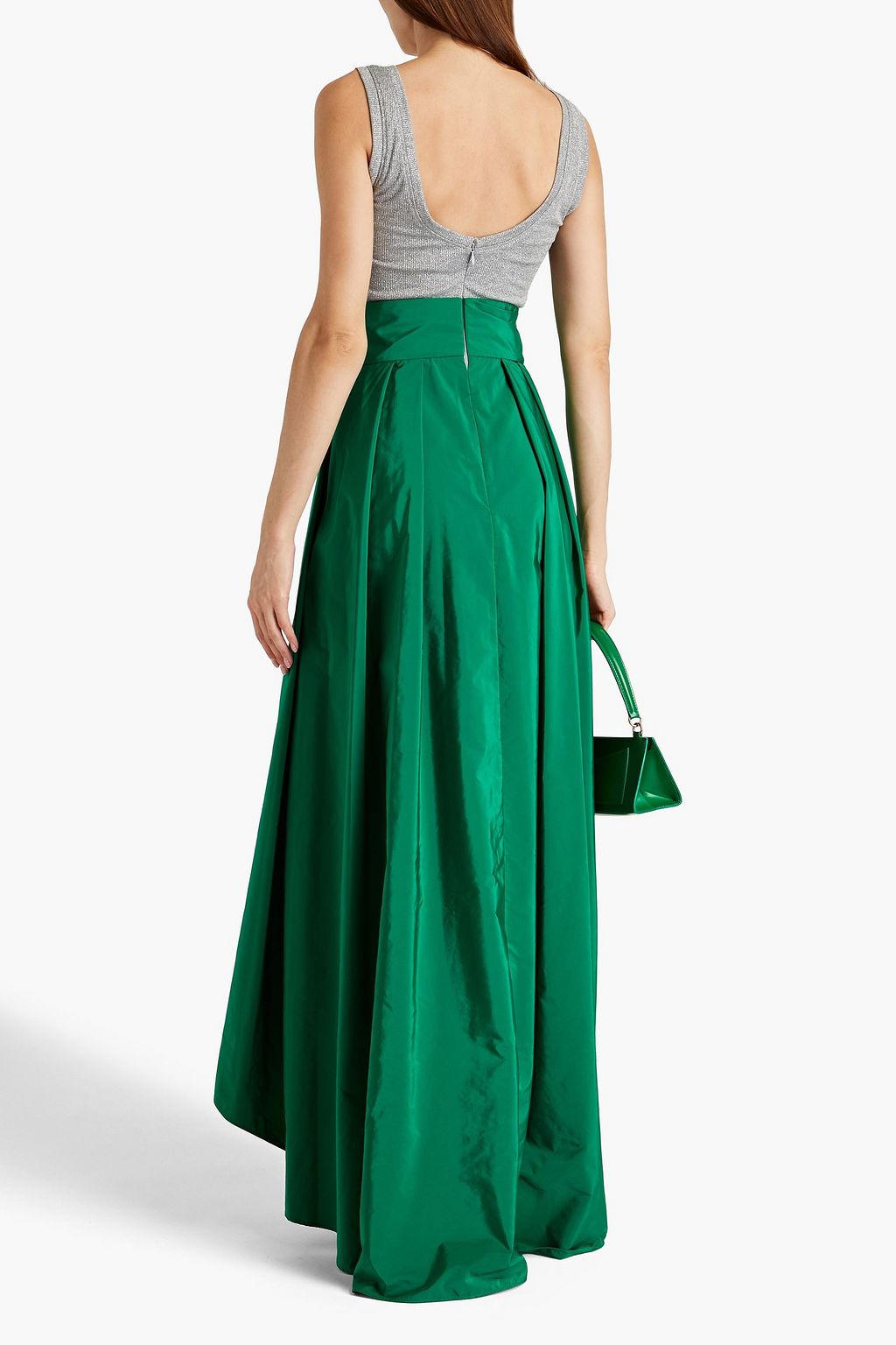 HALSTON タフタ ロングドレス リブ編み ジャージーパネル