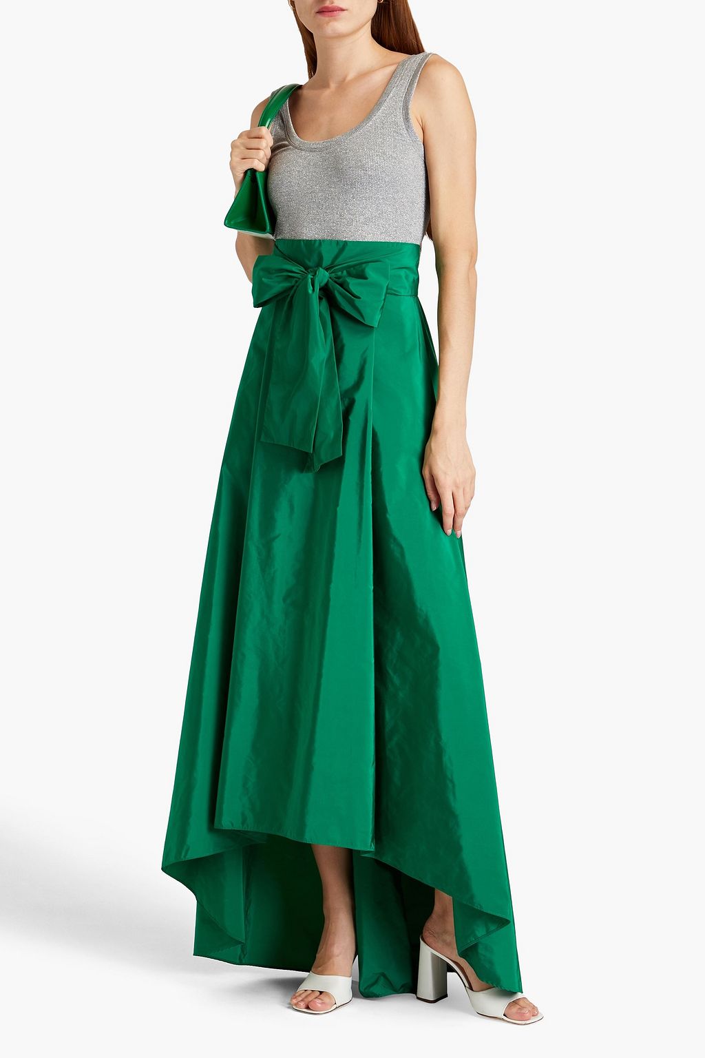 HALSTON タフタ ロングドレス リブ編み ジャージーパネル