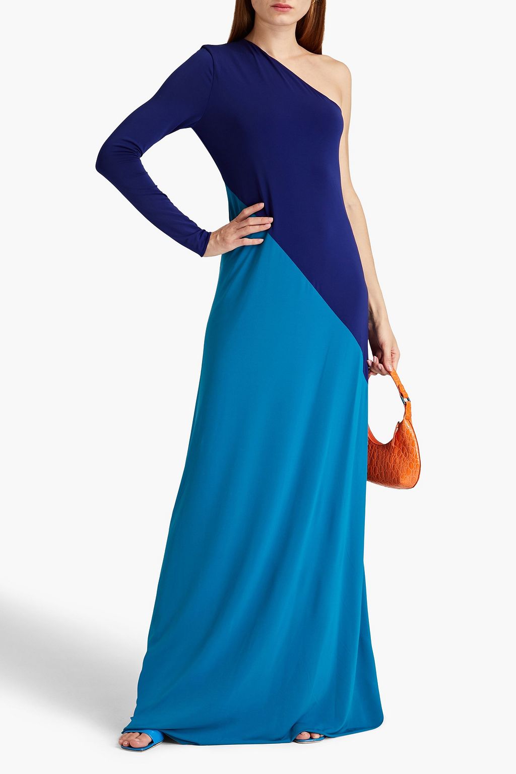 HALSTON ジャージー ロングドレス ワンショルダー バイカラー