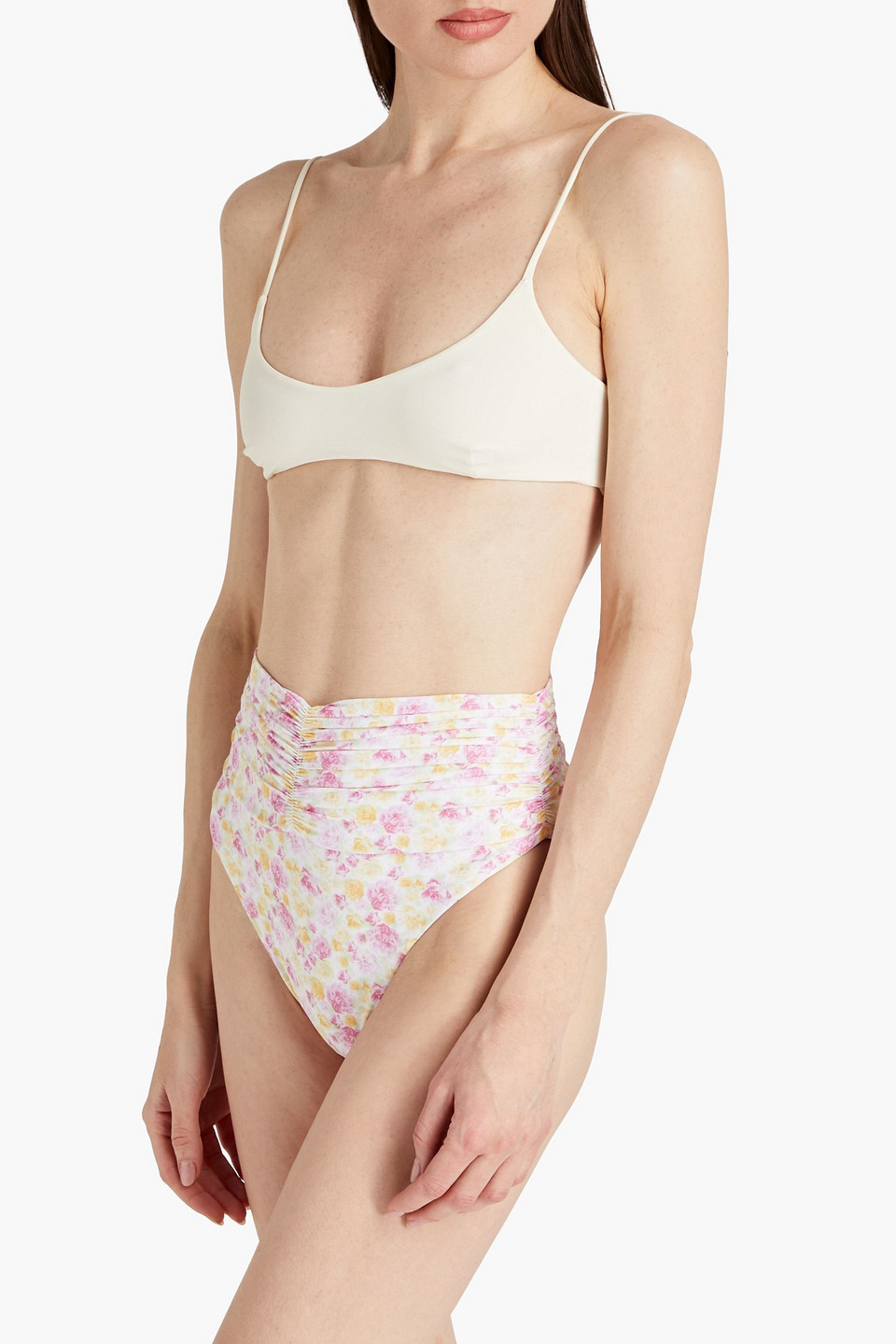 Magda Butrym Ruched Floral-print High-rise Bikini Briefs In Baby Pink