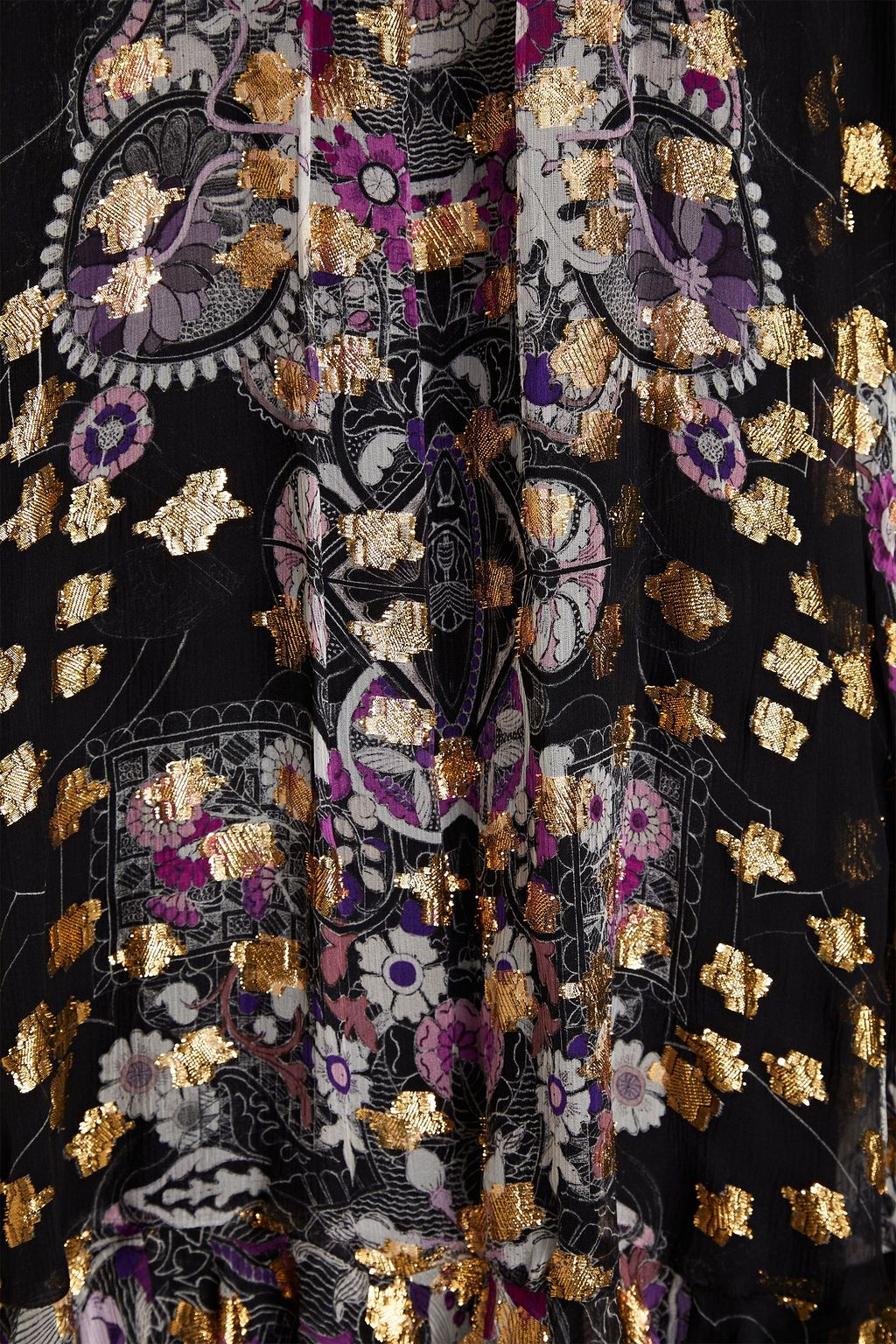 MCQUEEN 러플 장식 메탈릭 필 쿠페 실크 혼방 크레퐁 미니 드레스